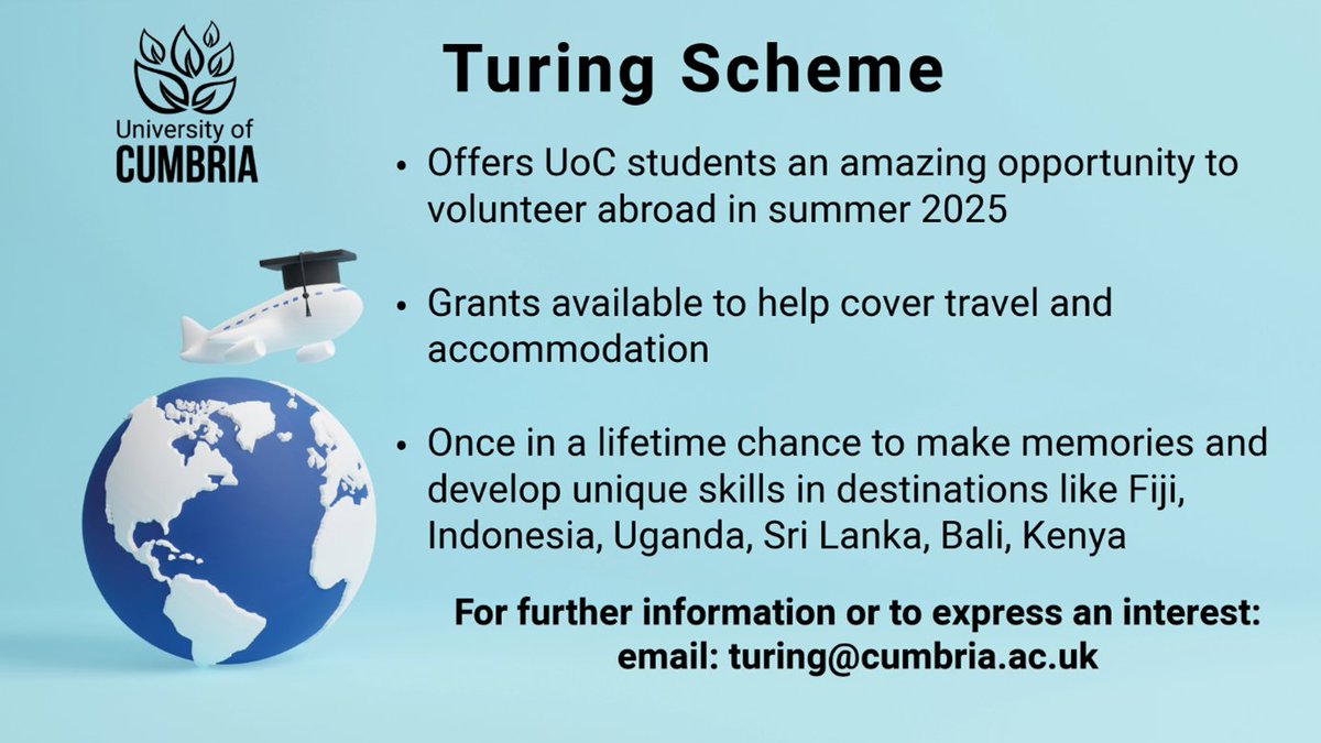 UOC Careers (@uoccareers) on Twitter photo Exciting overseas internships & volunteering opportunities await with our partners Think Pacific, Play Action International, The Mighty Roar, Travelteer and Work the World.
Email: turing@cumbria.ac.uk and don't miss this amazing opportunity. Exciting overseas internships & volunteering opportunities await with our partners Think Pacific, Play Action International, The Mighty Roar, Travelteer and Work the World.
Email: turing@cumbria.ac.uk and don't miss this amazing opportunity.