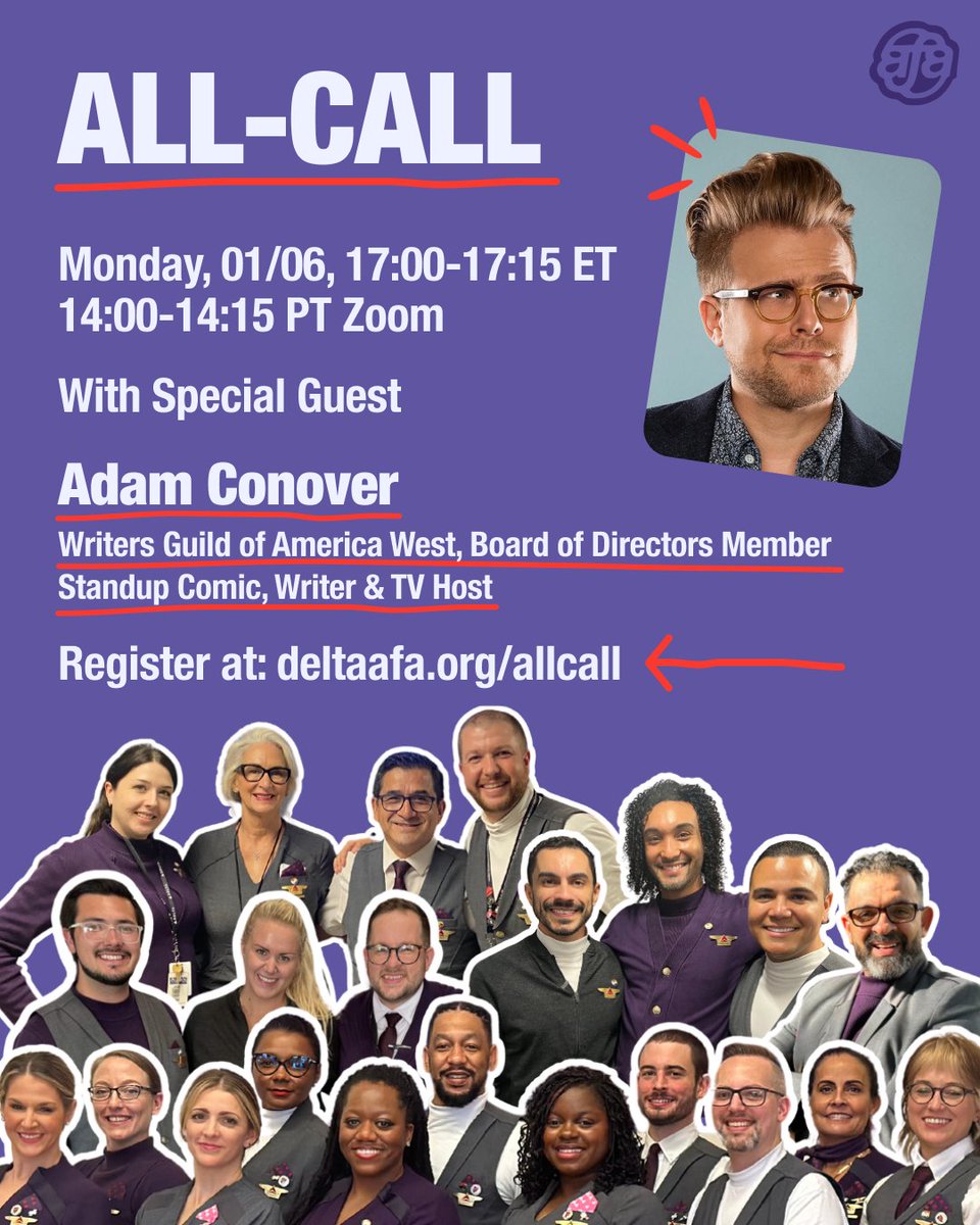 DeltaAFA (@deltaafa) on Twitter photo Join us TODAY at 1700 ET/1400 PT for our first All Call meeting of 2025, featuring <a href="/adamconover/">Adam Conover</a>! Learn how you can help make the most of the final weeks of our 10-week push. RSVP now. Join us TODAY at 1700 ET/1400 PT for our first All Call meeting of 2025, featuring <a href="/adamconover/">Adam Conover</a>! Learn how you can help make the most of the final weeks of our 10-week push. RSVP now.