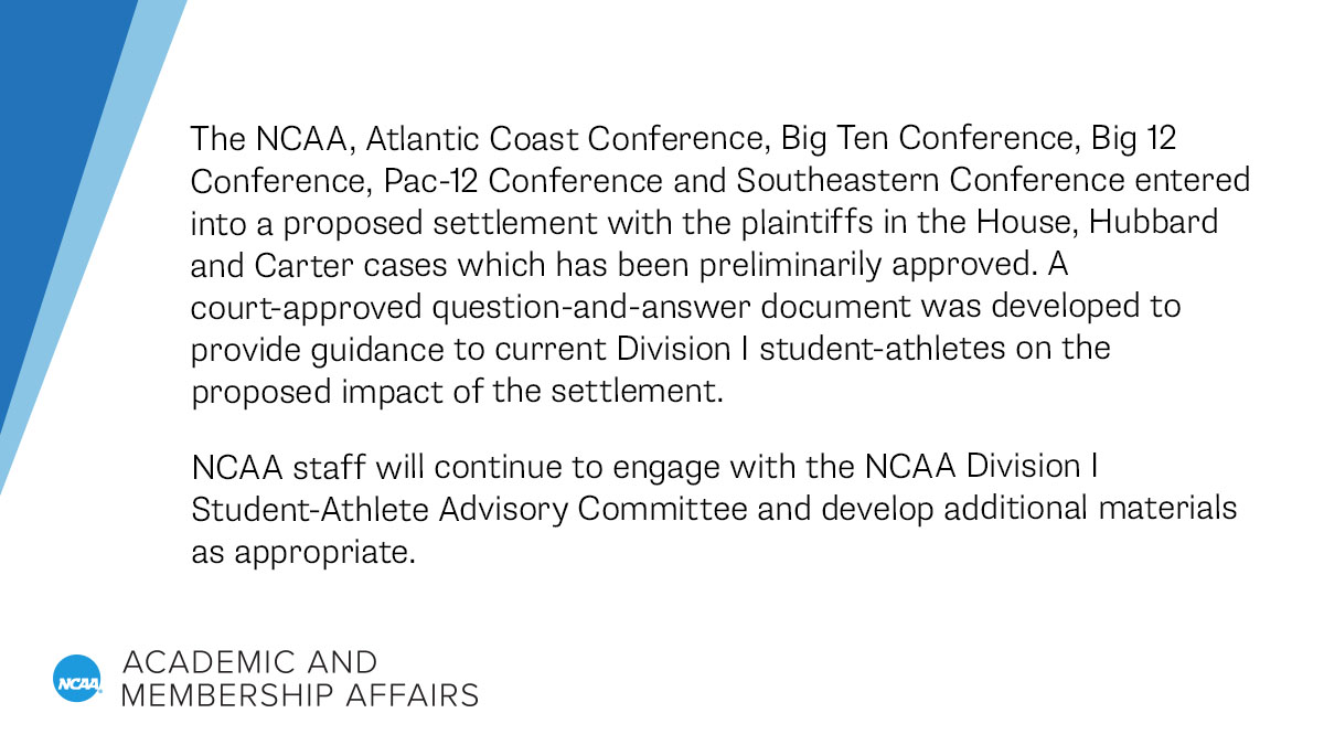 Question and Answer – Impact of the Proposed Settlement on NCAA Division I Student-Athletes
on.ncaa.com/SAQA1625