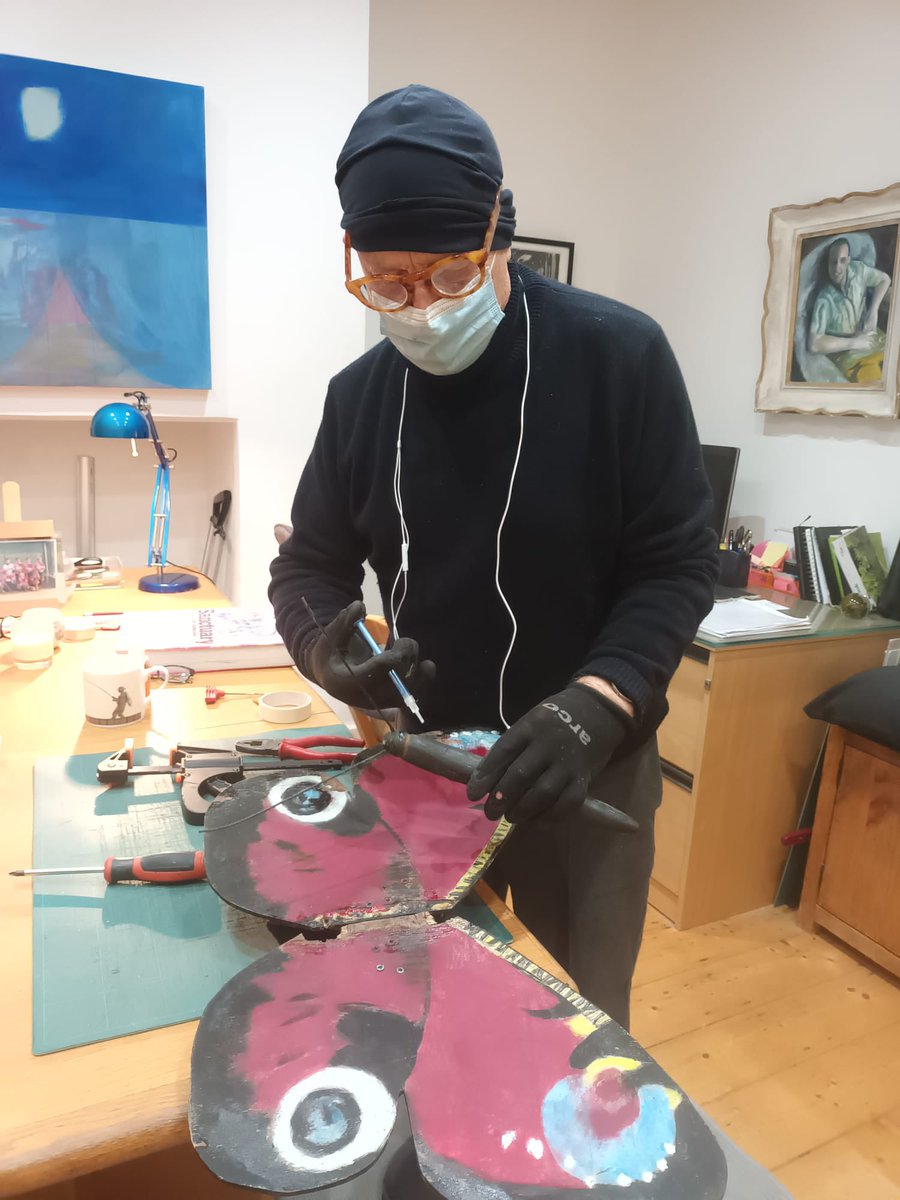 Operation Butterfly - our red admiral artwork undergoing emergency surgery after her wing blew away in the winds (luckily found in the wildflower meadow). Thanks for the speedy treatment by Thames Ditton Men In Shed Alan who helped build our fab insects.