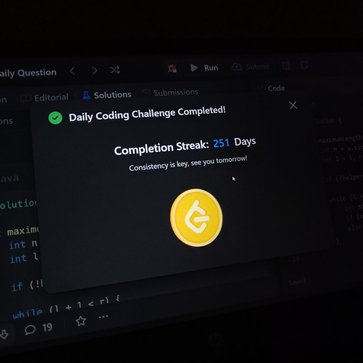 codeAntu's tweet image. Consistency is the key to growth! 🔑 Completed 251 days of the Daily Coding Challenge! 🚀 Every day is a step closer to becoming better. Keep pushing, keep learning! 💻✨ #CodingStreak #Consistency #100DaysOfCode #leetcode