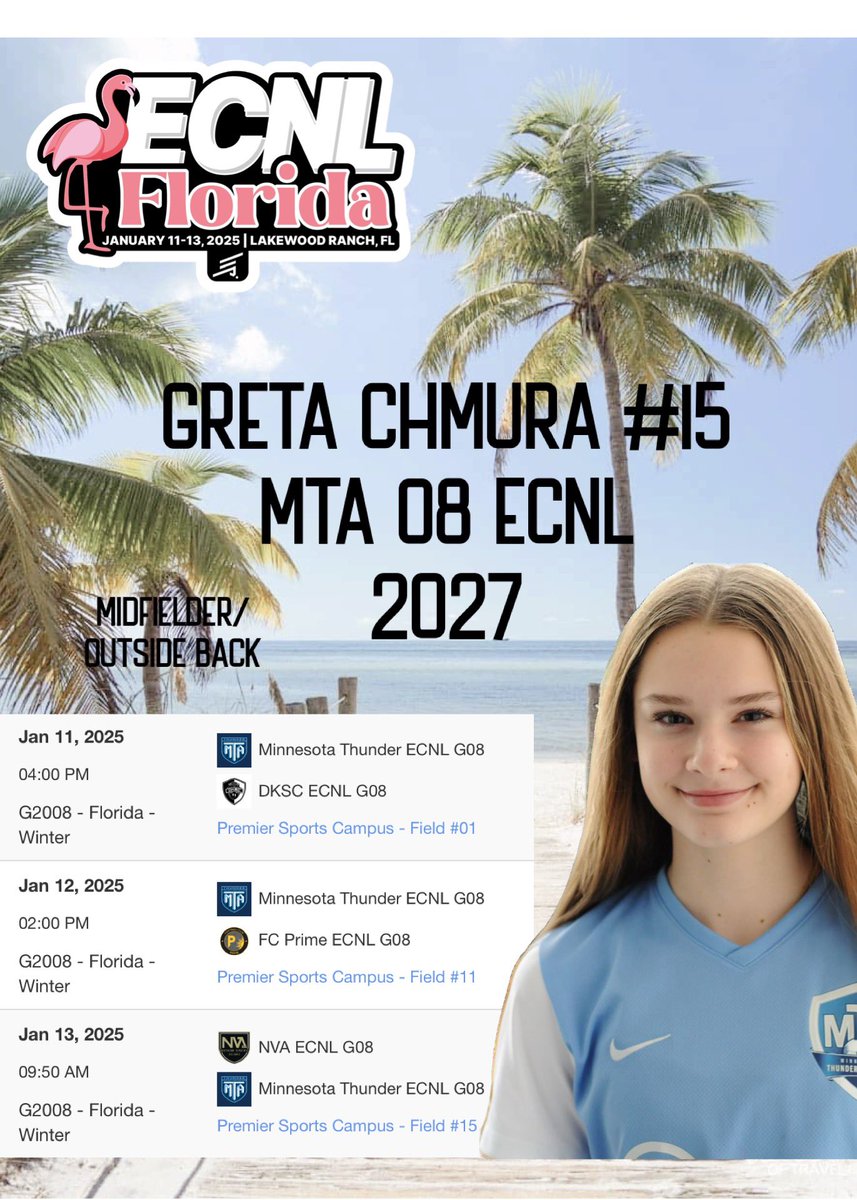 Greta Chmura (@gretachmura) on Twitter photo Schedule for ECNL Florida!
<a href="/MTA08ECNL/">mta08ecnl</a> <a href="/ImYouthSoccer/">ECNL/GA/Recruiting/College Soccer</a> <a href="/TopDrawerSoccer/">TopDrawerSoccer</a> <a href="/TheECNL/">The ECNL</a> Schedule for ECNL Florida!
<a href="/MTA08ECNL/">mta08ecnl</a> <a href="/ImYouthSoccer/">ECNL/GA/Recruiting/College Soccer</a> <a href="/TopDrawerSoccer/">TopDrawerSoccer</a> <a href="/TheECNL/">The ECNL</a>