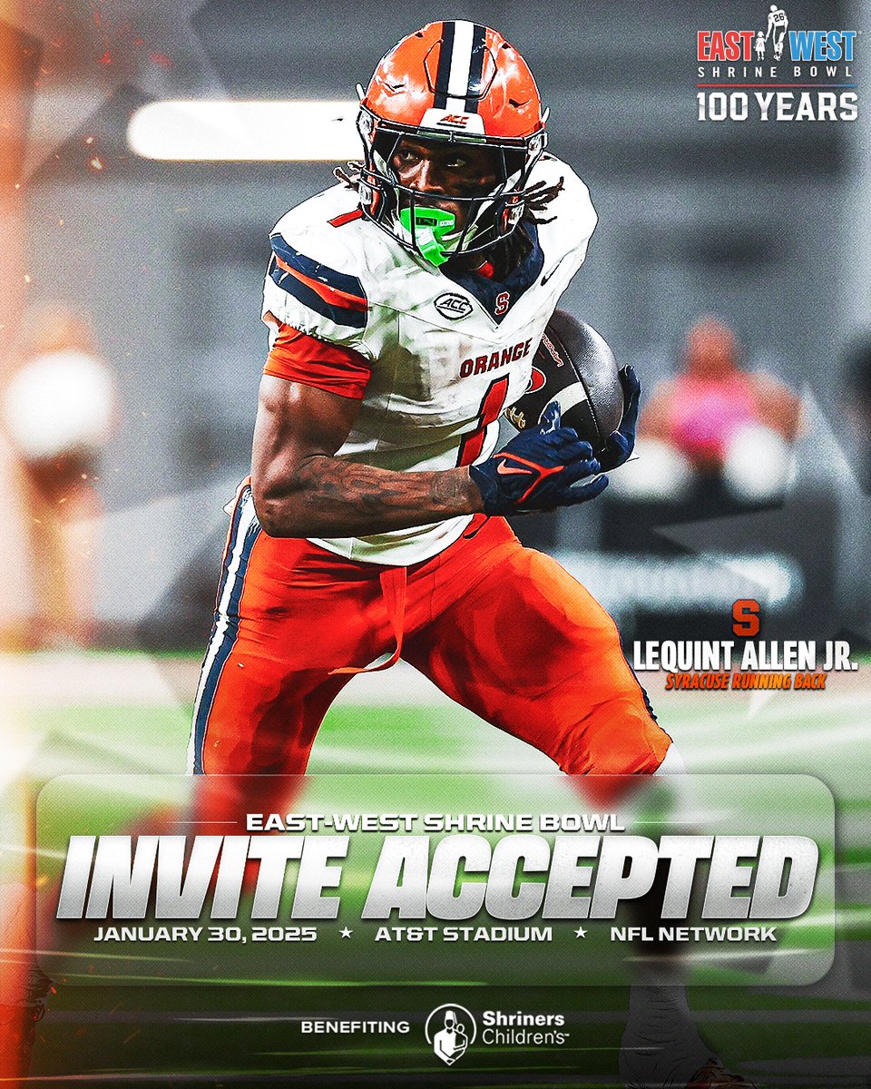 East-West Shrine Bowl (@shrinebowl) on Twitter photo Mr. Versatility ⚡️
RB LeQuint Allen Jr. (<a href="/JrLequint/">LeQuint Allen Jr</a>) from <a href="/CuseFootball/">Syracuse Football</a> has officially accepted his invite to the 100th East-West #ShrineBowl!
#ShrineBowlWHOSNEXT 😎 Mr. Versatility ⚡️
RB LeQuint Allen Jr. (<a href="/JrLequint/">LeQuint Allen Jr</a>) from <a href="/CuseFootball/">Syracuse Football</a> has officially accepted his invite to the 100th East-West #ShrineBowl!
#ShrineBowlWHOSNEXT 😎