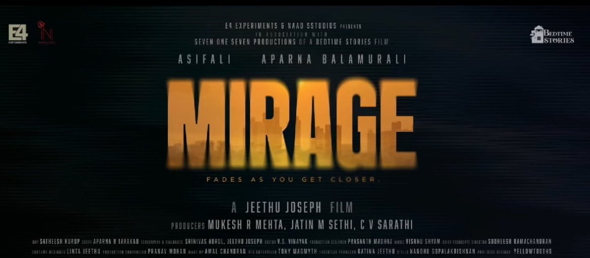 ItsAbishek04's tweet photo. #JeethuJoseph 's new film titled as #Mirage
#AsifAli #AparnaBalamurali #E4Entertainments #CVSarathi https://t.co/OKCHZnKDyv