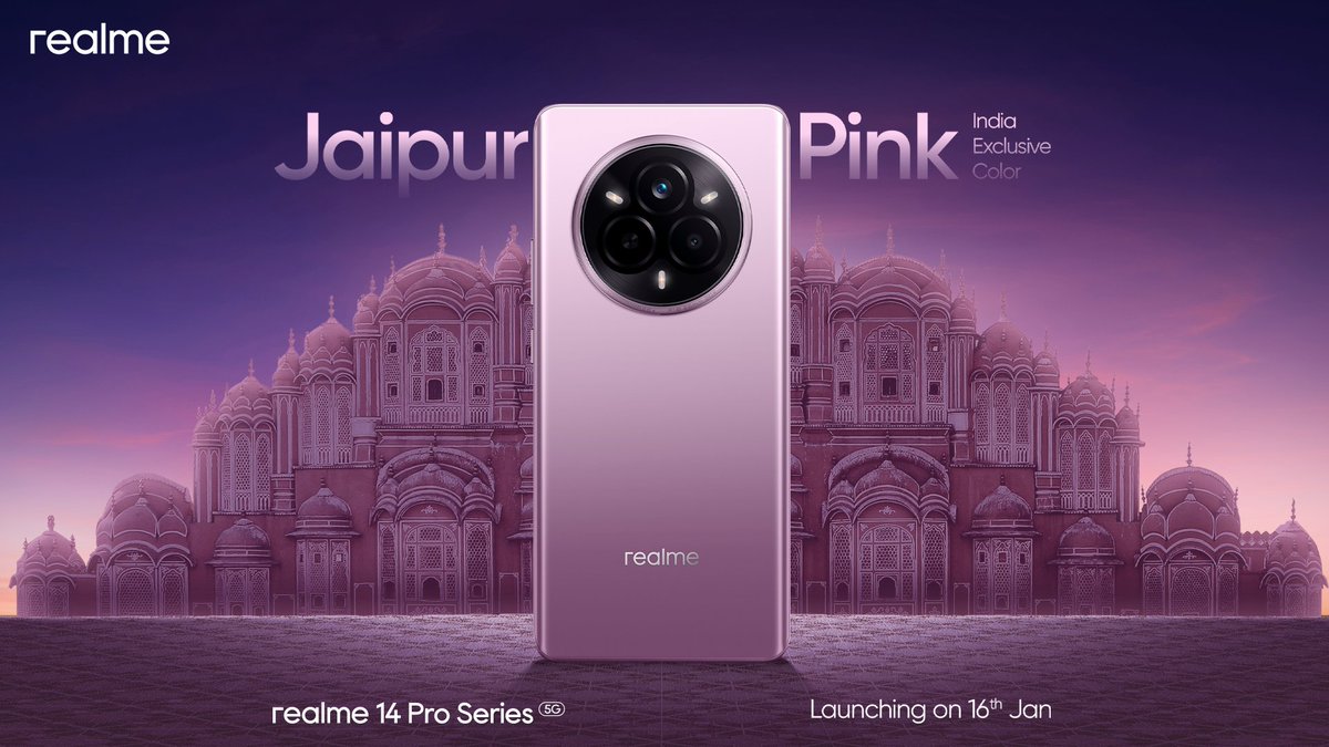 SwaroopPurohit0's tweet photo. Exciting news! The #realme14ProSeries5G is all set to launch on 16th January at 12 Noon, featuring two exclusive India 🇮🇳 -inspired colors: Bikaner Purple and Jaipur Pink. A perfect blend of power and vibrant design. Are you excited to watch the launch or get your hands on one? https://t.co/wA24zeunFI