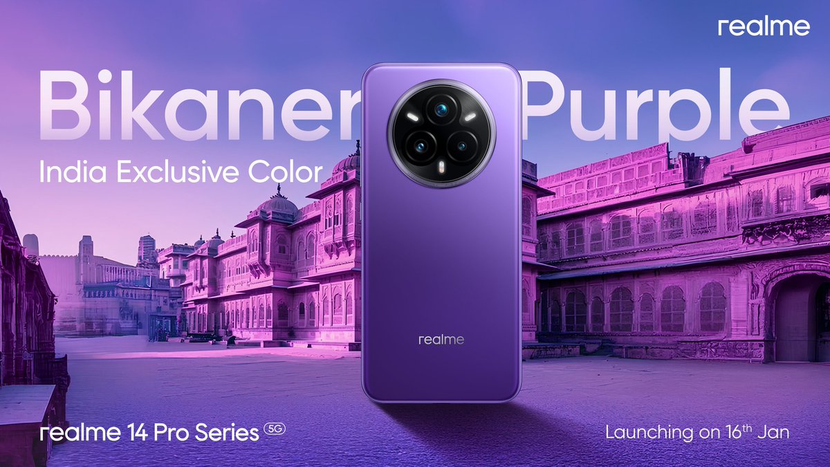 SwaroopPurohit0's tweet photo. Exciting news! The #realme14ProSeries5G is all set to launch on 16th January at 12 Noon, featuring two exclusive India 🇮🇳 -inspired colors: Bikaner Purple and Jaipur Pink. A perfect blend of power and vibrant design. Are you excited to watch the launch or get your hands on one? https://t.co/wA24zeunFI