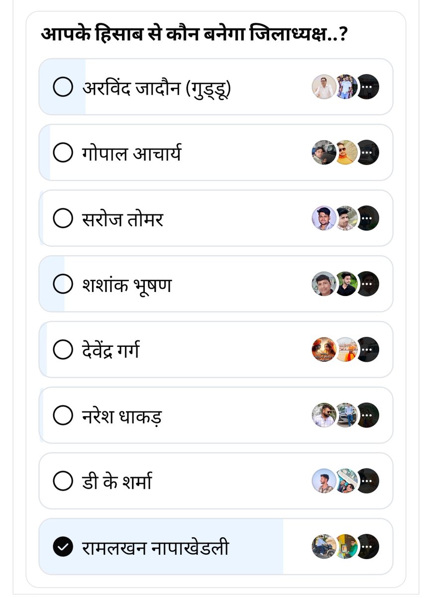 वोट करो,,,,
जल्दी से शेयर करो और रिजल्ट देखो सोशल मीडिया का..😄😄 श्योपुर जिला अध्यक्ष (BJP) 8 नामों में कोन आगे चल रहा हैं 
facebook.com/share/p/1FTTBq…