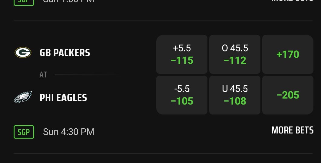 fschultz35's tweet image. Eagles now -5.5 against the Packers on DraftKings.