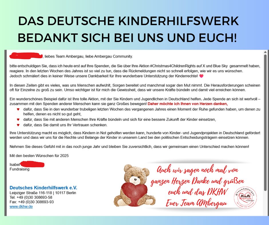 TeamAmbergau's tweet photo. 🧸🎈DANKE!
Liebe Community #MitHerzUndHAltung , wir haben eine E-Mail vom Deutschen Kinderhilfswerk @DKHW_de bekommen.
Den herzlichen Worten können wir uns nur anschließen und sie an Euch alle weiter geben.
Gemeinsam haben wir viel erreicht! Danke dafür!
Euer Team Ambergau🫶 https://t.co/63Pe0WUVVH