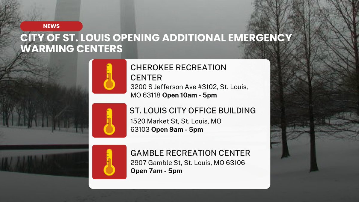 The City of St. Louis has opened three additional warming centers during the ongoing winter storm. Remember to call 211 for up-to-date information on warming center and shelter availability.