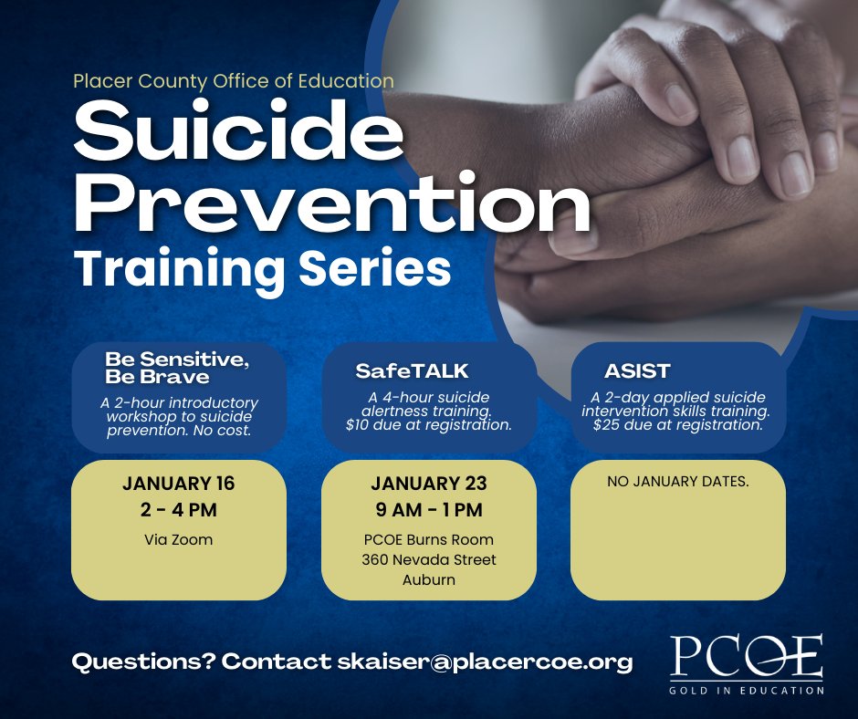 Start the new year by helping others! 💙 Join us for an upcoming suicide prevention training during the month of January. Learn more and register: bit.ly/4iYJX2f