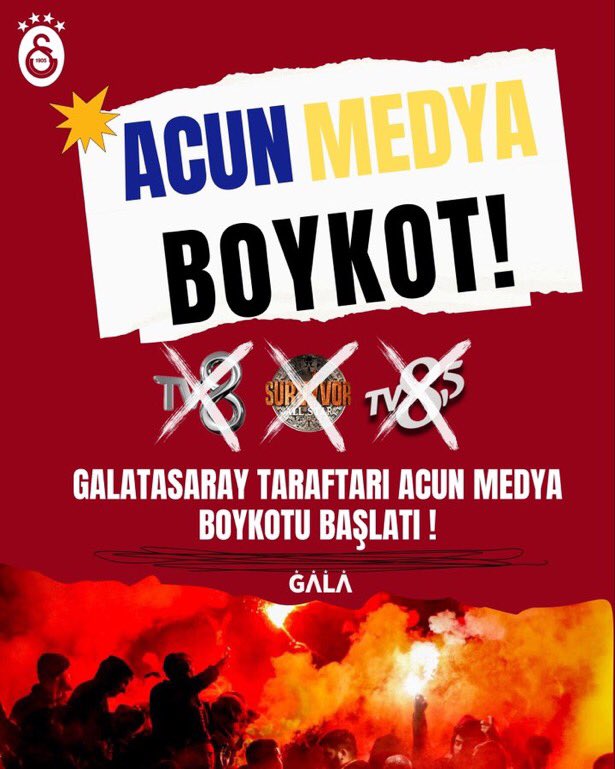Reytinglerde dibe demir atana dek boykota devam! Acun Medya’ya ait hiçbir kanalı izlemiyoruz.

Kazandırdığınız her kuruş Galatasaray’a yapılan sosyal medya ve kamuoyundaki algı çalışmalarına gidiyor.

İzlemeyen her Galatasaraylı yorum ve RT atarak karınca misali destek olsun.