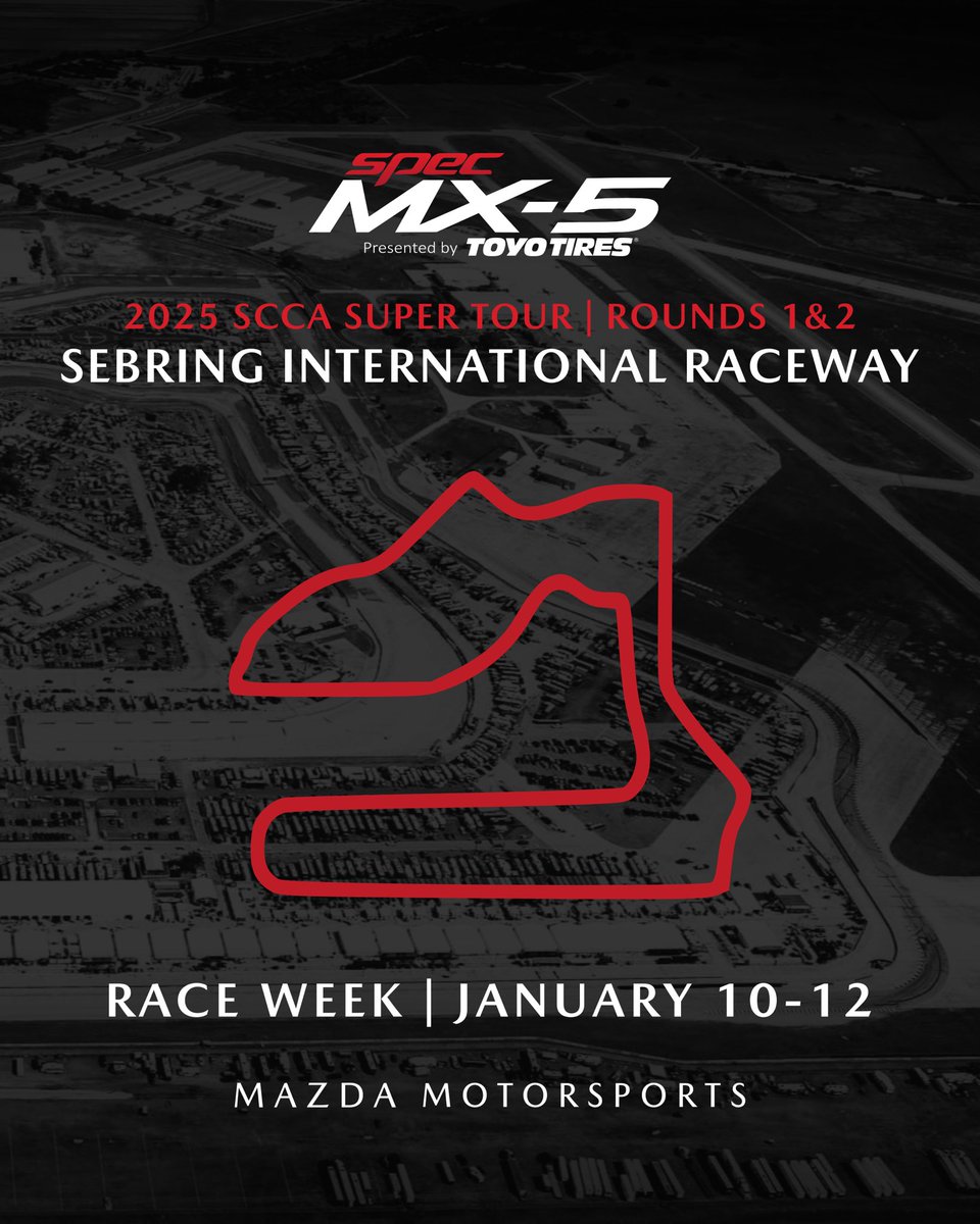 Everyone - IT’S RACE WEEK (finally)!!! 🏎️💨🌴

We’re headed to <a href="/sebringraceway/">Sebring International Raceway</a> this weekend for Rounds 1 &amp; 2 of the 2025 <a href="/SCCAOfficial/">Sports Car Club of America</a> Super Tour, where we expect nearly 30 SMX’s and two races full of spicy action 🌶️ 

#SpecMX5