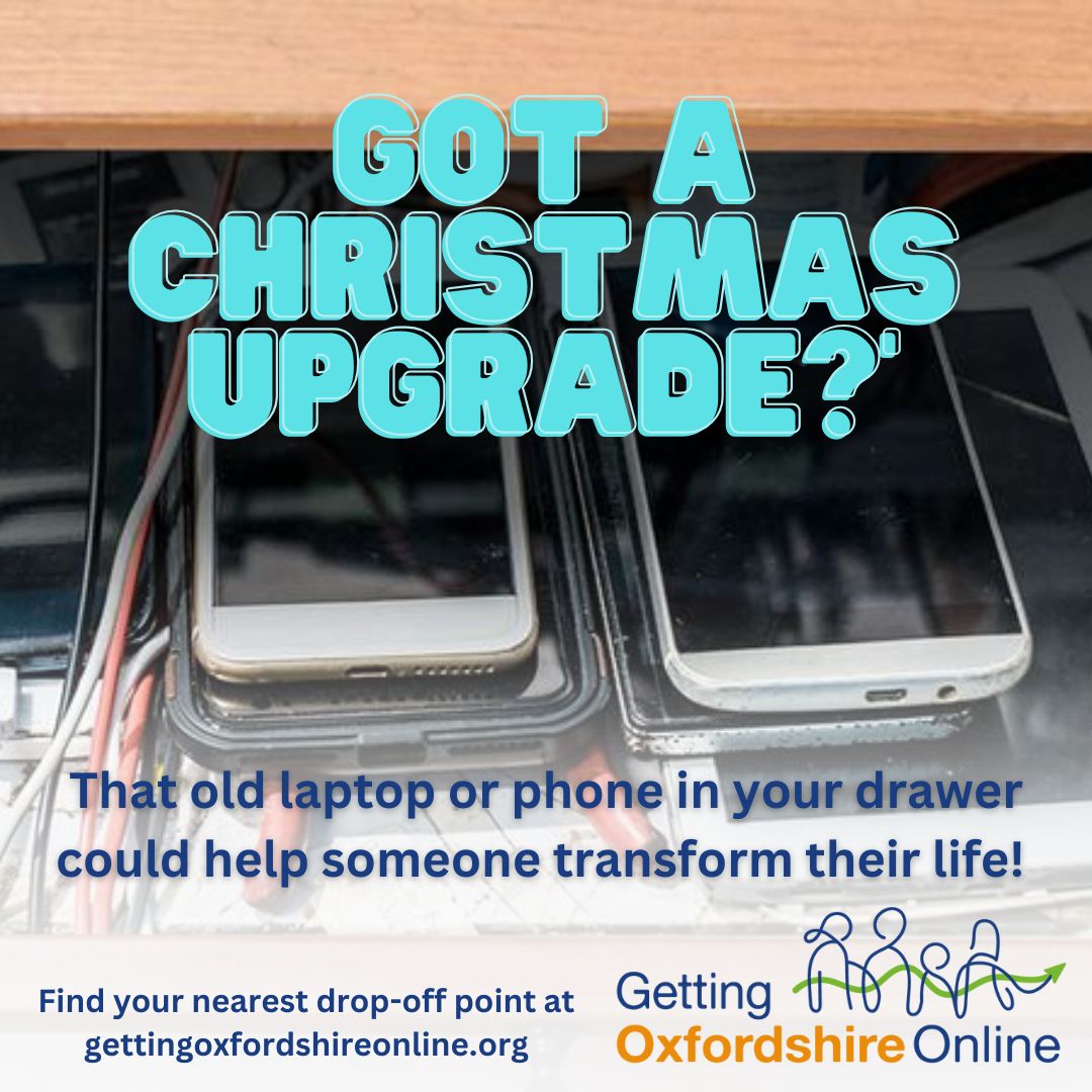 Unwanted laptops, tablets or phones gratefully received to help people in need get a great start to 2025! Check out gettingoxfordshireonline.org for more info and to find your nearest drop-off point.

#digitalinclusion #donatealaptop
<a href="/aspireoxonline/">Aspire Oxford</a>
<a href="/shareoxford_lot/">SHARE Oxford</a>
<a href="/bicgreen/">Bicester Green</a>