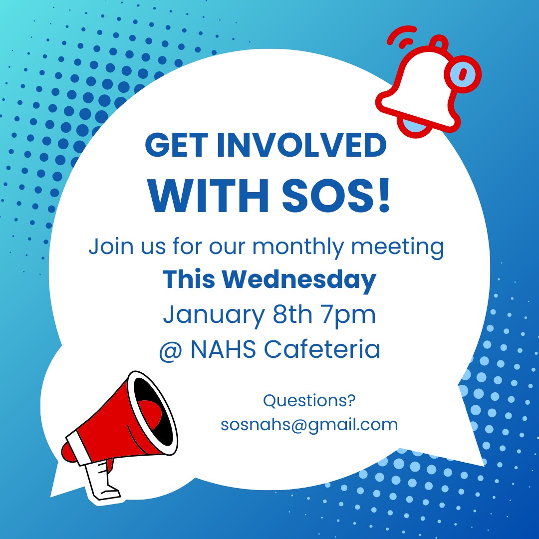 SOSNAHS's tweet image. Are you looking for a way to give back to NAHS, or maybe even “pay it forward?” Join us at our monthly SOS meeting and help us plan an all-night graduation party for the class of 2025! We would love help with the following: 

Scarlet Knight co-chair, Decorating chair, &amp;amp; Treasurer
