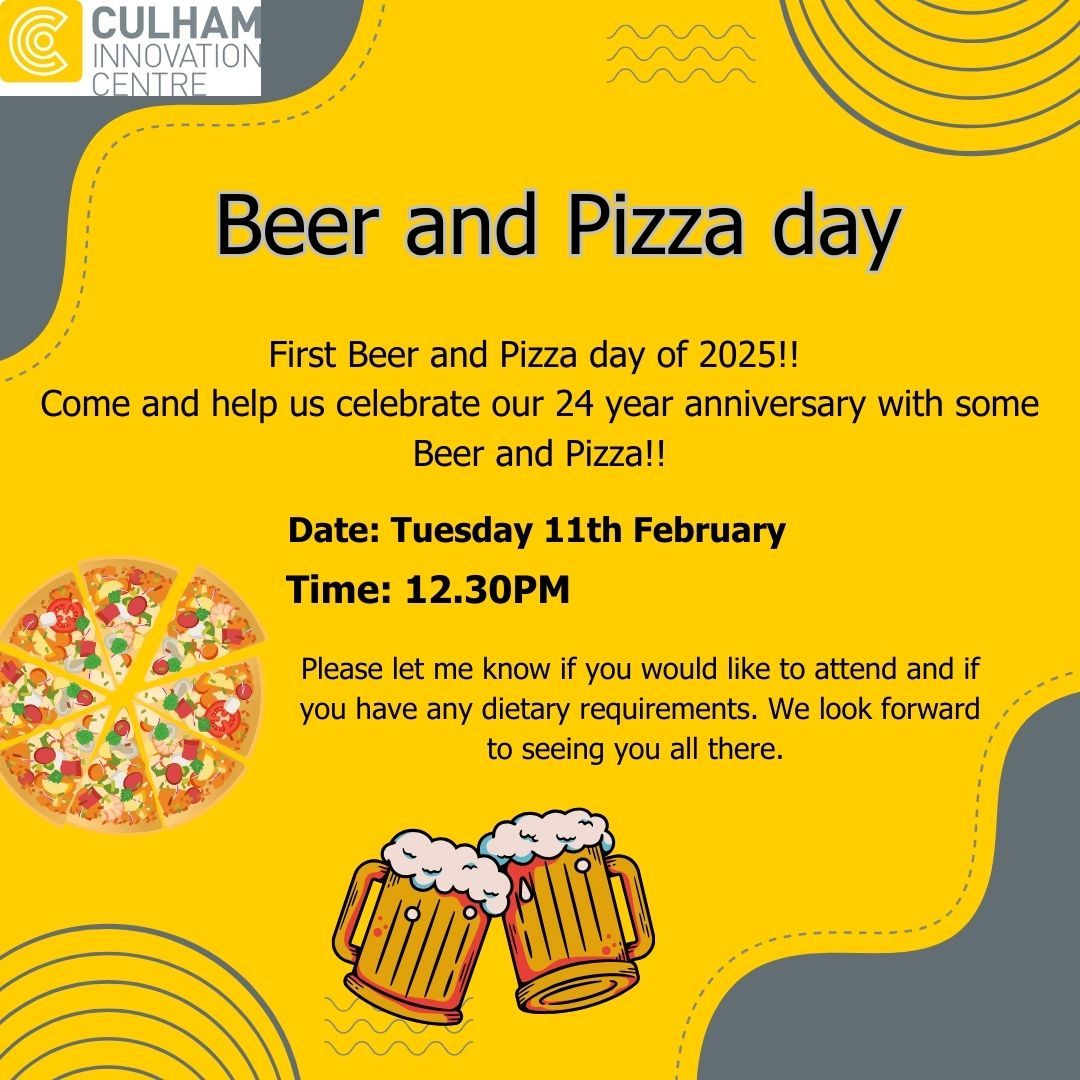 Beer and Pizza Day at Culham Innovation Centre- Customers only.
Come and help us Celebrate our 24 year Anniversary with some Beer and Pizza!
We look forward to seeing you there.