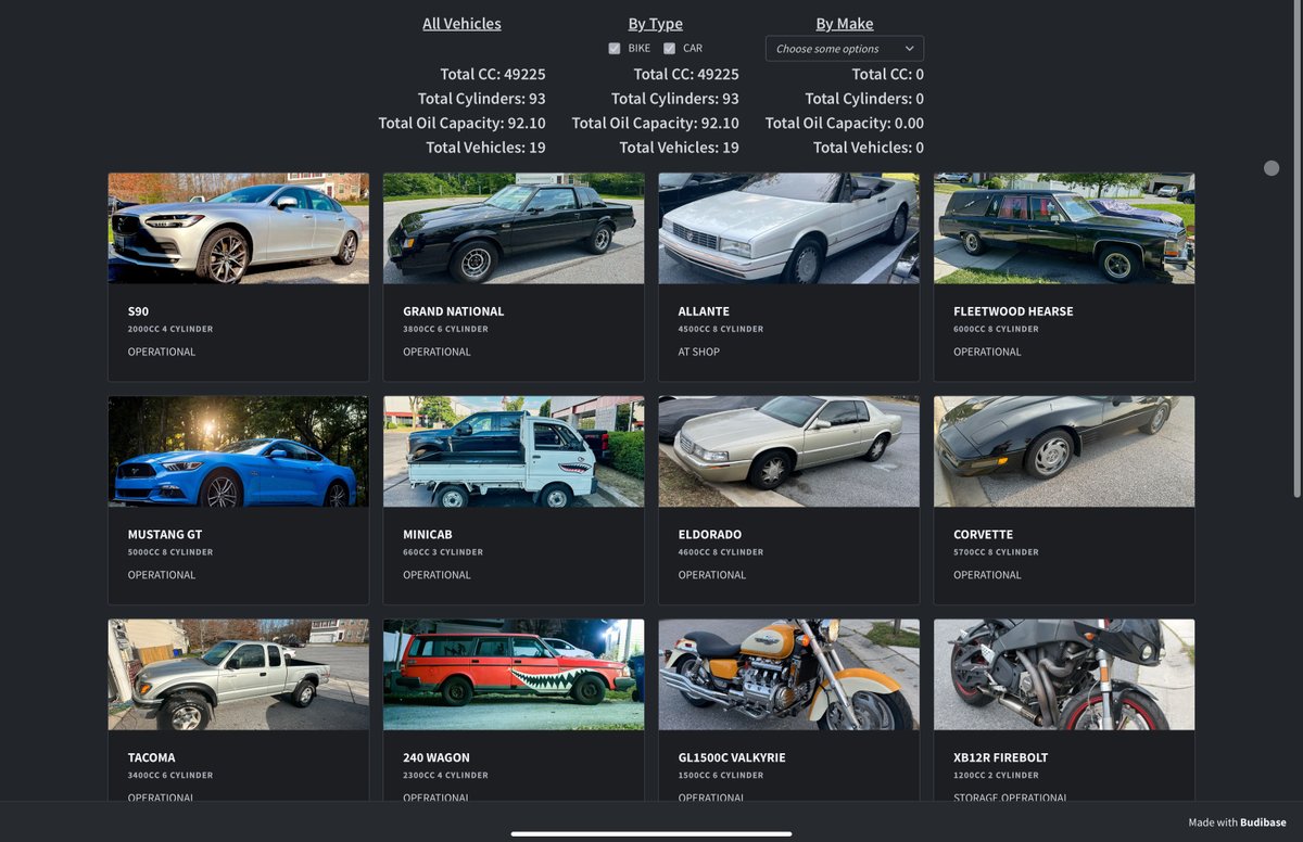 budibase's tweet photo. Shoutout to @joeydanna for building an incredible Budibase app to track his growing fleet of cars and motorcycles! 🏍️ We love seeing creative solutions in Budibase, especially when they make us look cooler by association 😎 https://t.co/kewTr8It6r