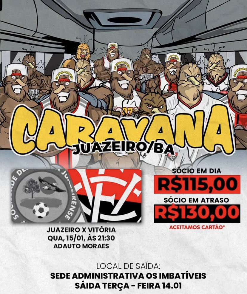 osimbativeis's tweet photo. Jogo: Juazeiro x VITÓRIA 
Data: 15/01 (Quarta-feira) 
Local: Adauto Moraes 
Horário: 21:30 🕤 

Valores: R$ 115,00  Sócio em dia; 
R$ 130,00 Sócio em atraso. 

Aceitamos cartões de crédito dividimos em até 6x (consultar taxa).

Obrigatório ser sócio da  e uso de uniformes. https://t.co/NvjWYFLzUQ