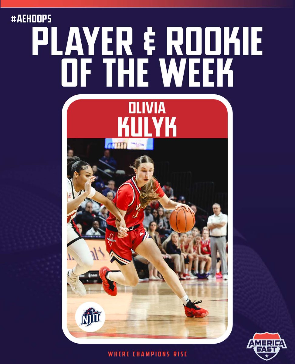 AmericaEast's tweet photo. Following the first week of #AEHoops action, defending champion Maine and UAlbany are the lone unbeaten squads after a pair of impressive victories on Thursday and Saturday.

~ Weekly Awards ~

Player & Rookie of the Week: Olivia Kulyk, @NJITWBB 
- Had career-highs of 21 points and 12 rebounds in a 58-49 victory over Binghamton.
- Hit four threes and also added two assists with one steal as NJIT started league play 1-0.

📰 https://t.co/oMLZWf8dfR
