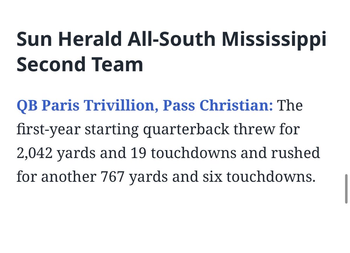 Paris Trivillion (@paristrivillion) on Twitter photo I am honored to be named Sun Herald All-South Mississippi Second Team!
<a href="/jeff_stockstill/">Jeff Stockstill</a> @brasfield__25 <a href="/coachAlridge/">Coach Alridge</a> <a href="/Coach_Stansbury/">Garrett Stansbury</a> <a href="/TerryPattonJr1/">Terry Patton Jr</a> <a href="/ScottWatkinsSH/">Scott Watkins</a> <a href="/PassChristianFB/">Pass Christian High School Football</a> I am honored to be named Sun Herald All-South Mississippi Second Team!
<a href="/jeff_stockstill/">Jeff Stockstill</a> @brasfield__25 <a href="/coachAlridge/">Coach Alridge</a> <a href="/Coach_Stansbury/">Garrett Stansbury</a> <a href="/TerryPattonJr1/">Terry Patton Jr</a> <a href="/ScottWatkinsSH/">Scott Watkins</a> <a href="/PassChristianFB/">Pass Christian High School Football</a>