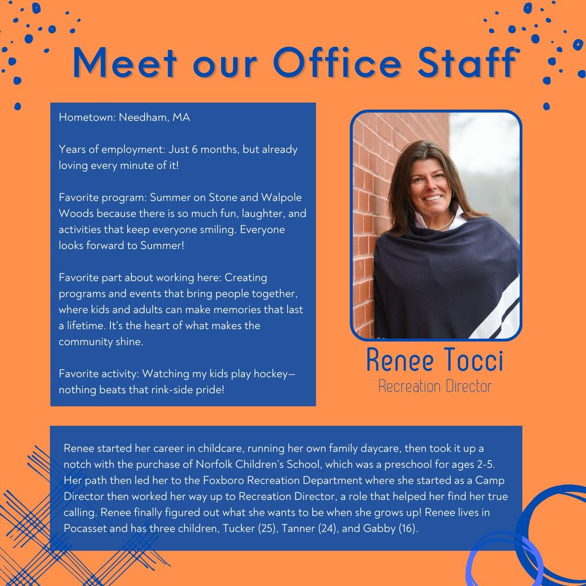 Meet our new Recreation Director, Renee Tocci. Renee comes to us from the Foxboro Recreation Department with fresh new ideas and perspective! 
#meetourdirector
#meetourofficestaff
#whichstaffwillwehighlightnext