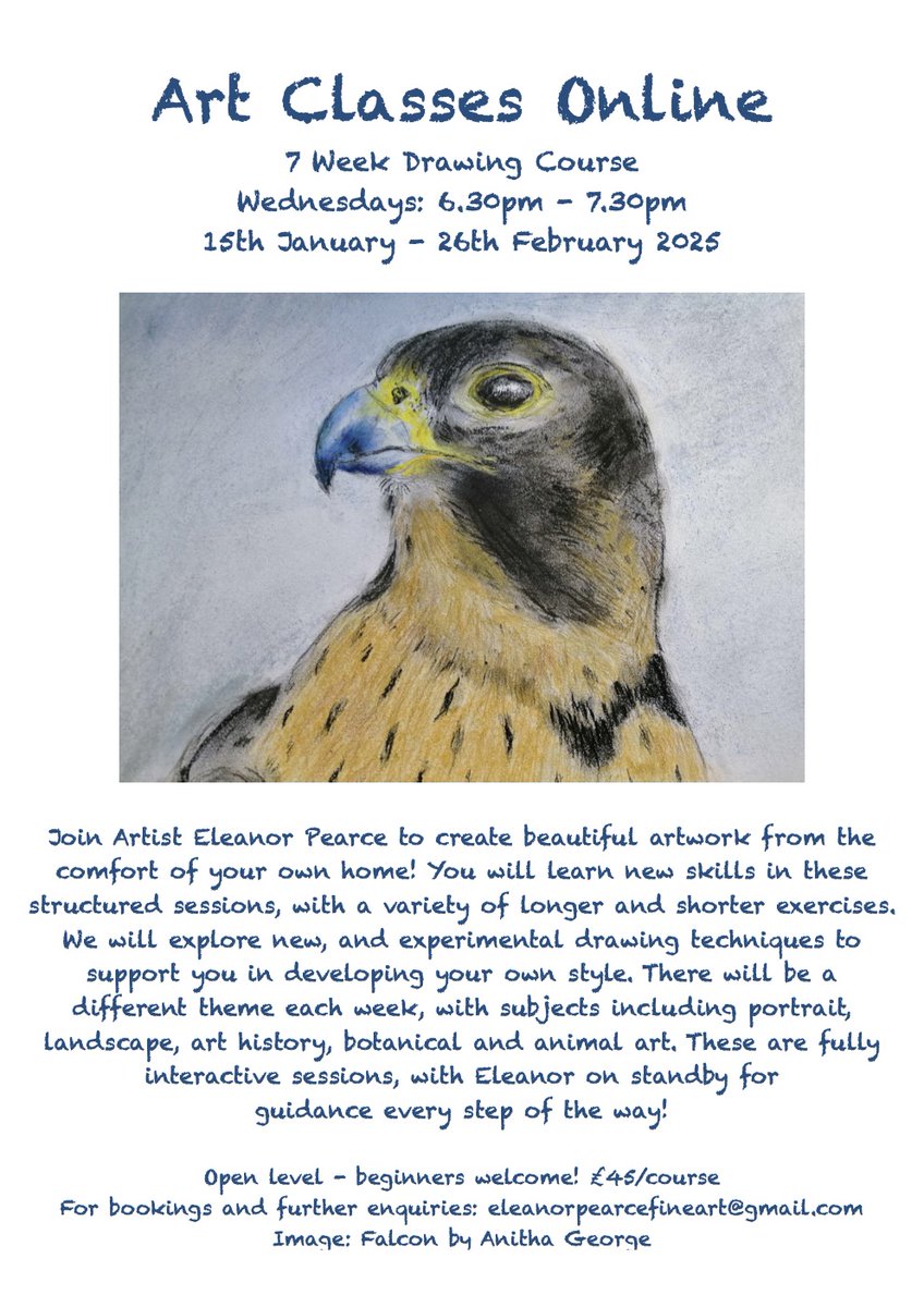 Eleanor Pearce (@eleanorpearce) on Twitter photo Start the New Year with a new skill!
My new Online Art Course is open for bookings. Email me for more information: eleanorpearcefineart@gmail.com Start the New Year with a new skill!
My new Online Art Course is open for bookings. Email me for more information: eleanorpearcefineart@gmail.com