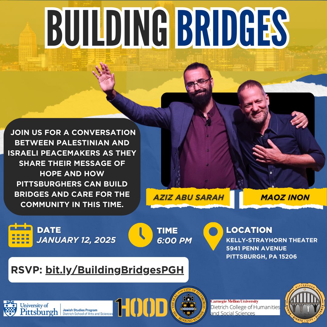 City of Pittsburgh (@pittsburgh) on Twitter photo Join the City of Pittsburgh and <a href="/MayorEdGainey/">Mayor Ed Gainey</a> this Sunday, January 12th at 6 p.m. for an insightful conversation with Palestinian peacemaker Aziz Abu Sarah and Israeli peacemaker Maoz Inon. Space is limited so RSVP now at
bit.ly/BuildingBridge… Join the City of Pittsburgh and <a href="/MayorEdGainey/">Mayor Ed Gainey</a> this Sunday, January 12th at 6 p.m. for an insightful conversation with Palestinian peacemaker Aziz Abu Sarah and Israeli peacemaker Maoz Inon. Space is limited so RSVP now at
bit.ly/BuildingBridge…