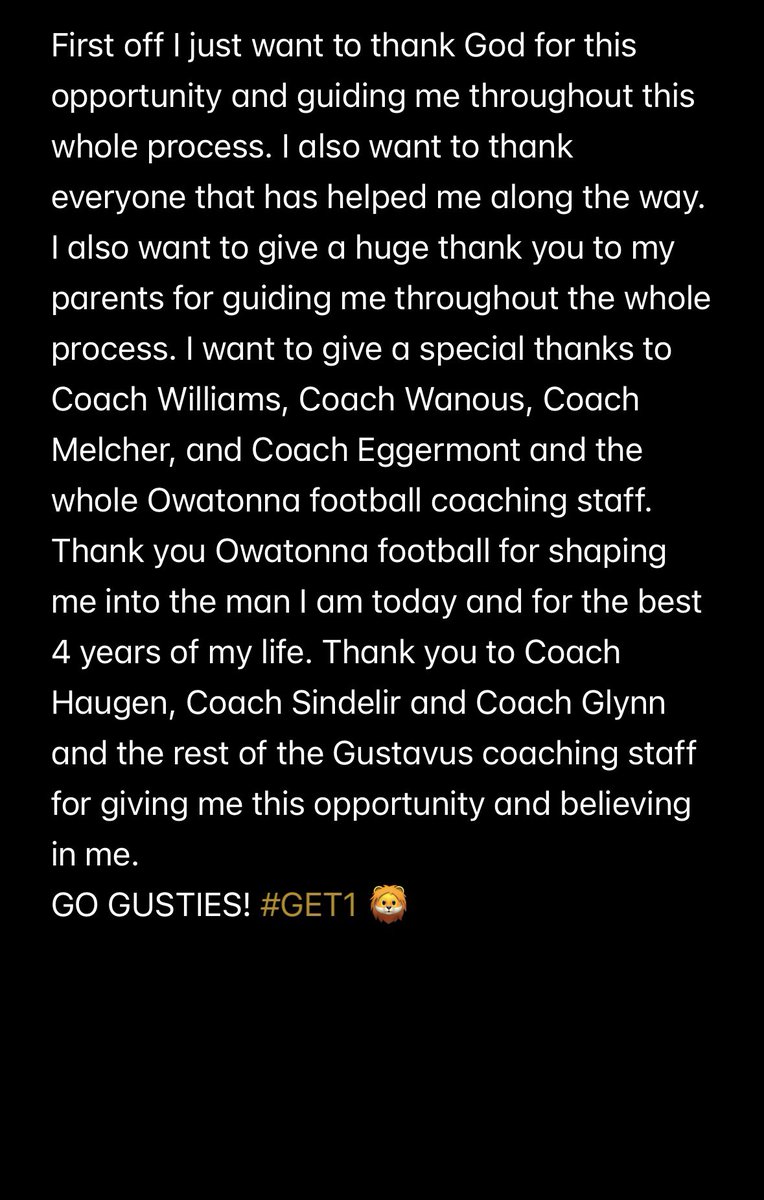 Jack Meneguzzo (2025) (@jack_meneguzzo) on Twitter photo GO GUSTIES! 110%. 🦁 #GET1 <a href="/gustiefootball/">Gustavus Football</a> <a href="/CoachHaugengac/">Peter Haugen</a> <a href="/RealSlimSindy/">Ethan Sindelir</a> <a href="/GlynnDerek/">Coach Glynn</a> <a href="/huskiesfootball/">owatonnafootball</a> GO GUSTIES! 110%. 🦁 #GET1 <a href="/gustiefootball/">Gustavus Football</a> <a href="/CoachHaugengac/">Peter Haugen</a> <a href="/RealSlimSindy/">Ethan Sindelir</a> <a href="/GlynnDerek/">Coach Glynn</a> <a href="/huskiesfootball/">owatonnafootball</a>