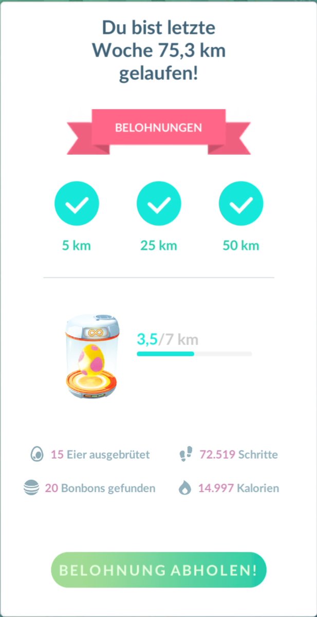 abenteuer-sync-belohnungen - du bist letzte woche 75,3 km gelaufen!
15 eier ausgebrütet | 72.519 schritte | 20 bonbons gefunden | 14.997 kalorien

#pokemongo
