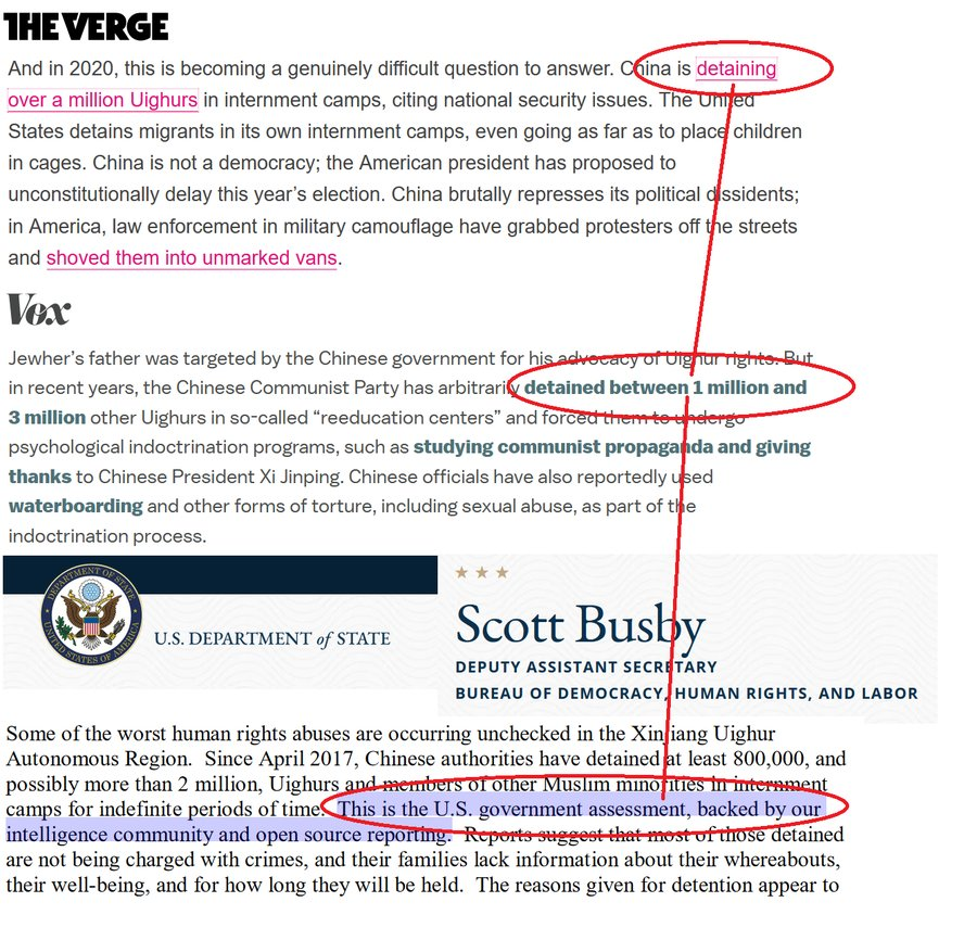 I've always been skeptical of the US claim that China was detaining 1,000,000 Uyghurs in concentration camps. So whenever I found such a claim, I'd trace the source back as far as I could.

This is how it **always ended up**: a US government claim.