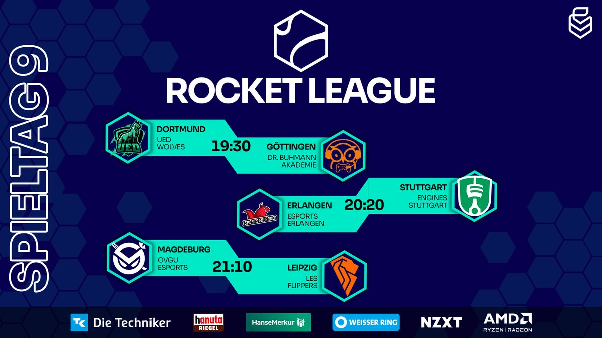 🚨9. Spieltag in Rocket League🚨

📺️twitch.tv/uniliga

⚔️<a href="/UEDortmund/">Uni eSports Dortmund</a> vs. <a href="/HNVR_Esports/">HNVR Esports (ROSSMANN Centaurs & RECKEN Rockets)</a>
⚔️@esportserlangen vs. <a href="/engines_stgt/">Engines Stuttgart e.V.</a>
⚔️<a href="/ovguesports/">OVGU Esports</a> vs. @Leipzigesports

🎬️<a href="/Smudi97/">Smudi</a>
🎙️<a href="/Mr_SquiddyRL/">Mr. Squiddy</a>, <a href="/WindgraceRL/">Windgrace</a>, <a href="/vel72027/">vel</a> &amp; <a href="/InviSan_Pubg/">InviSan Casts</a>