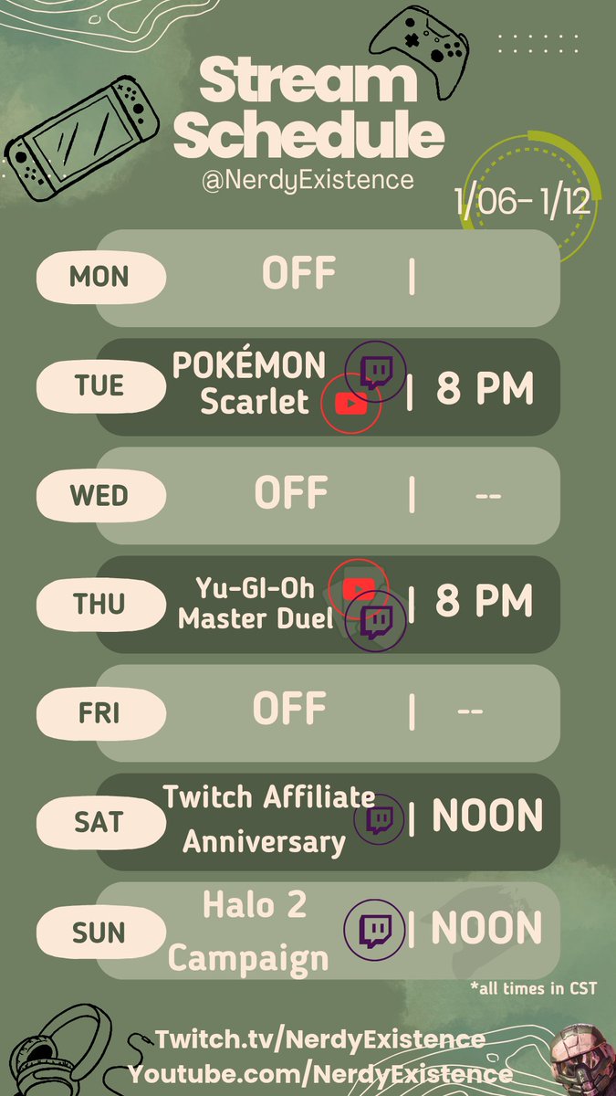 NerdyExistence's tweet image. Oh 👀, a schedule! 
✅️ Keeping up the 2025 goals! #Streamerresolutions #twitchschedule #noobstreamer #purplesite