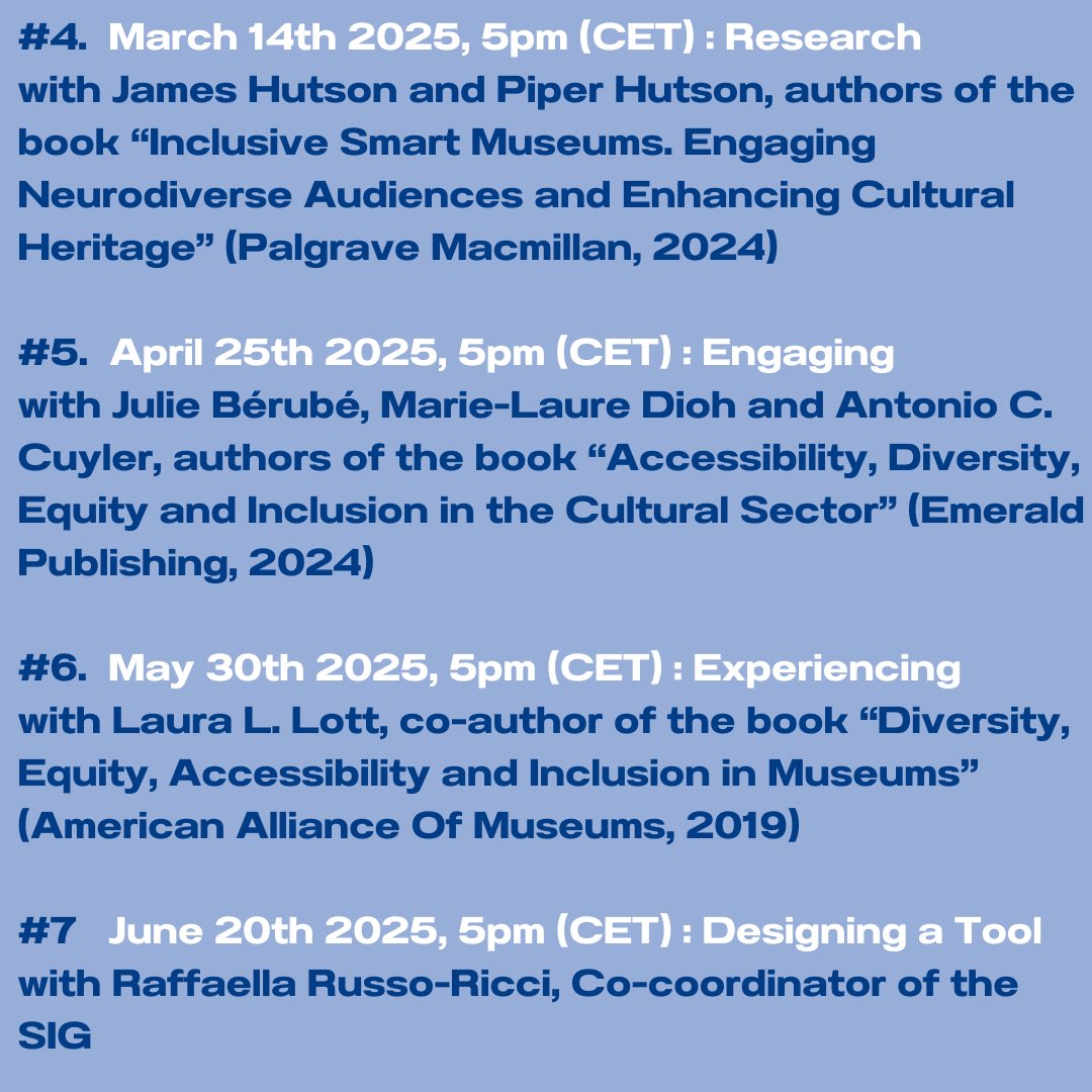 ICOM CECA (@icom_ceca) on Twitter photo ‼️SIG « Universal Accessibility, the Inclusive Museum‼️
🗓️ Friday, January 10, 2025
⏰ 5:00pm (CET)
🟢 Planning and Strategy. 🤯
With Maria Chiara Ciaccheri
👉 Register at inclusion.icomceca@gmail.com ‼️SIG « Universal Accessibility, the Inclusive Museum‼️
🗓️ Friday, January 10, 2025
⏰ 5:00pm (CET)
🟢 Planning and Strategy. 🤯
With Maria Chiara Ciaccheri
👉 Register at inclusion.icomceca@gmail.com