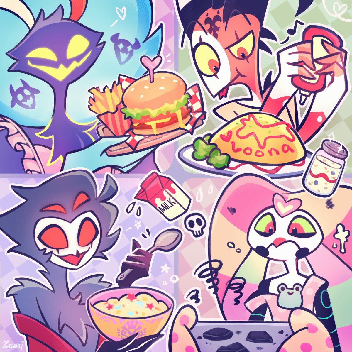ZomiCoco's tweet image. Cooking skills ๐ณ๐ฅ
#HelluvaBossFanart #Blitzรธ #Fizzarolli #Stolas #Ozzie