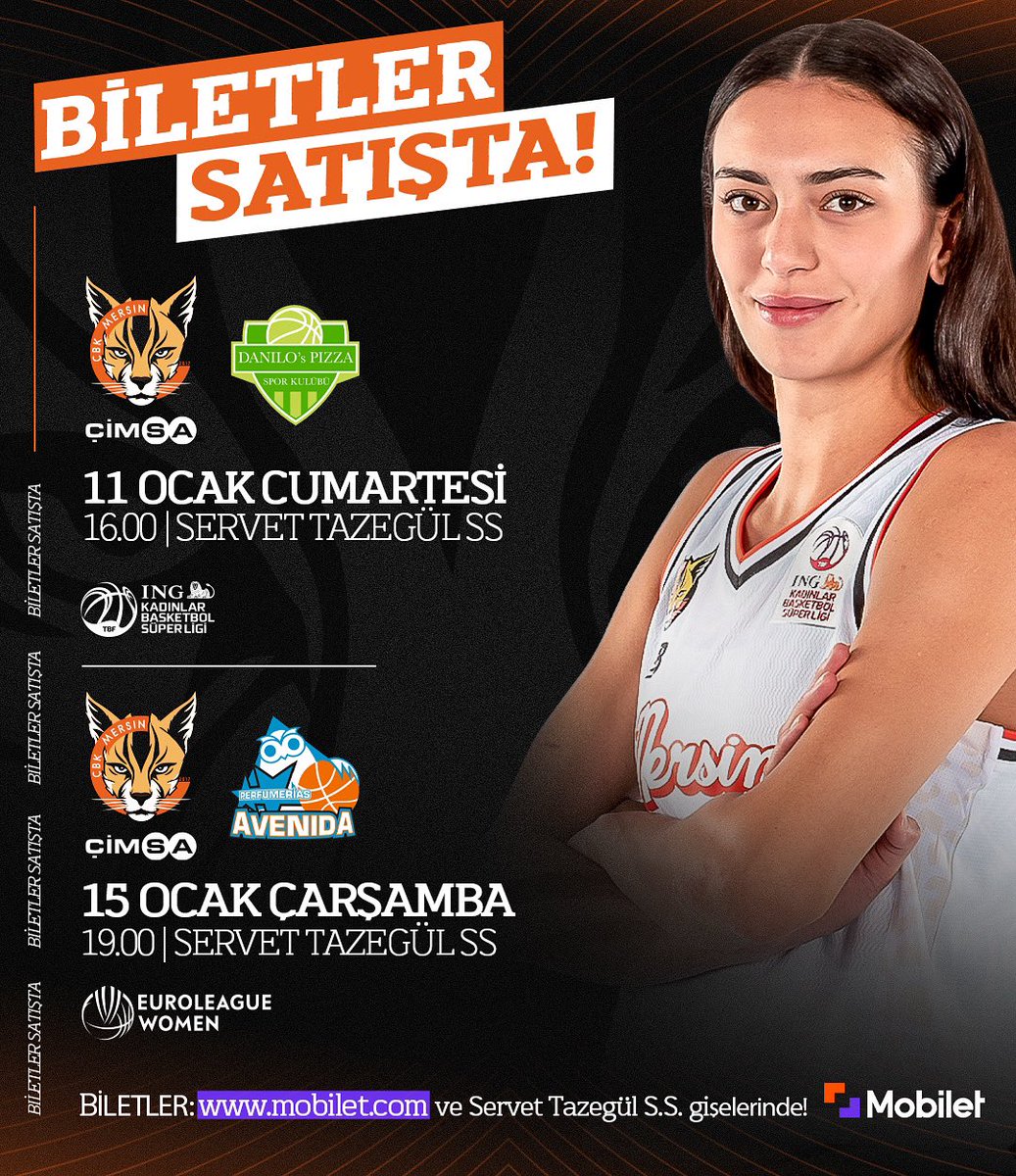 CBKMersin's tweet photo. 🔥 ÇİFT MAÇ HAFTASI SERVET TAZEGÜL’de!

11 Ocak Cumartesi 16.00’da Danilo’s Pizza, 15 Ocak Çarşamba 19.00’da EuroLeague’de Perfumerias Avenida’yı ağırlayacağımız maçların bileti satışta! 

🎫 Biletler https://t.co/tNgPzZtlHX ve Servet Tazegül Spor Salonu bilet gişelerinde satışta!

#WeAreÇBK #YourCityYourTeam #EuroLeagueWomen