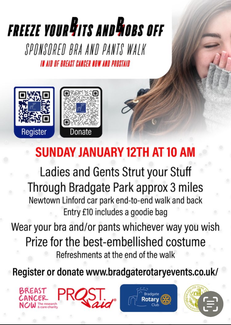 Bradgate Rotary Club (@bradgaterotary) on Twitter photo It’s not too late to sign up for this year’s ‘Freeze Your Bits and Bobs Off’ walk. Raising money for <a href="/BreastCancerNow/">Breast Cancer Now</a> and <a href="/PROSTaid/">PROSTaid</a>. If you can’t join in you can still donate. Get those bras and pants decorated 👙<a href="/1070Rotary/">Rotary District 1070</a> It’s not too late to sign up for this year’s ‘Freeze Your Bits and Bobs Off’ walk. Raising money for <a href="/BreastCancerNow/">Breast Cancer Now</a> and <a href="/PROSTaid/">PROSTaid</a>. If you can’t join in you can still donate. Get those bras and pants decorated 👙<a href="/1070Rotary/">Rotary District 1070</a>