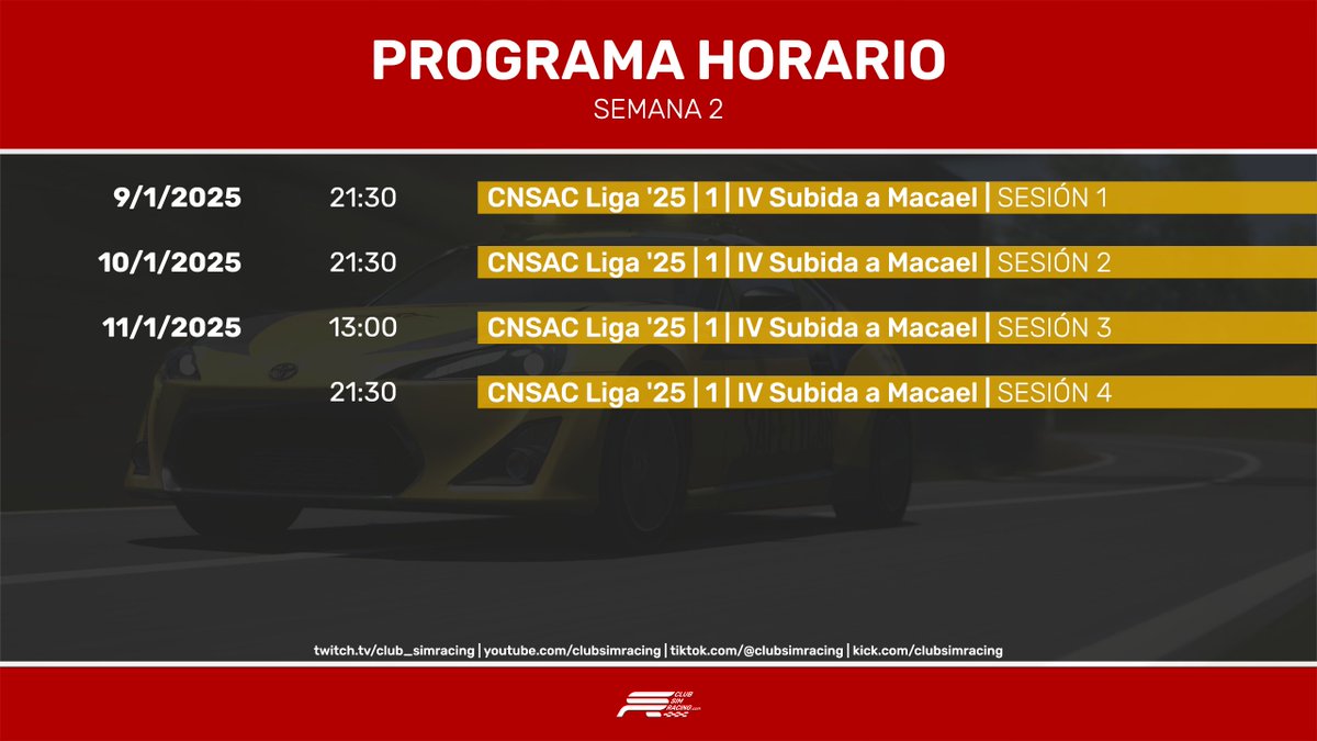 club_simracing's tweet photo. 📋PROGRAMA HORARIO
https://t.co/2Hw7lRCOU8
https://t.co/rej7BOM2Ci
https://t.co/vfJbtJrD5H
https://t.co/5cC8Rj5OiM
#CSRprograma #simracing #motorsport https://t.co/i66KeCqGFD
