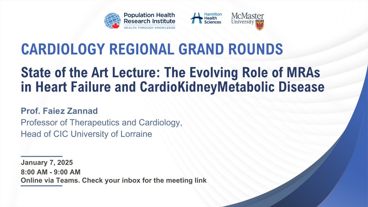 PHRI.ca Population Health Research Institute 🇨🇦 (@phriresearch) on Twitter photo We’re kicking off 2025 with a #Cardiology Regional Grand Round featuring Prof. <a href="/FaiezZANNAD/">Faiez ZANNAD</a> who will present on the "Evolving Role of MRAs in #HeartFailure and CardioKidneyMetabolic Disease.”
#PHRI researchers & <a href="/MacDeptMed/">McMaster University Department of Medicine</a> students/faculty, don’t miss out!
#CardioTwitter We’re kicking off 2025 with a #Cardiology Regional Grand Round featuring Prof. <a href="/FaiezZANNAD/">Faiez ZANNAD</a> who will present on the "Evolving Role of MRAs in #HeartFailure and CardioKidneyMetabolic Disease.”
#PHRI researchers & <a href="/MacDeptMed/">McMaster University Department of Medicine</a> students/faculty, don’t miss out!
#CardioTwitter