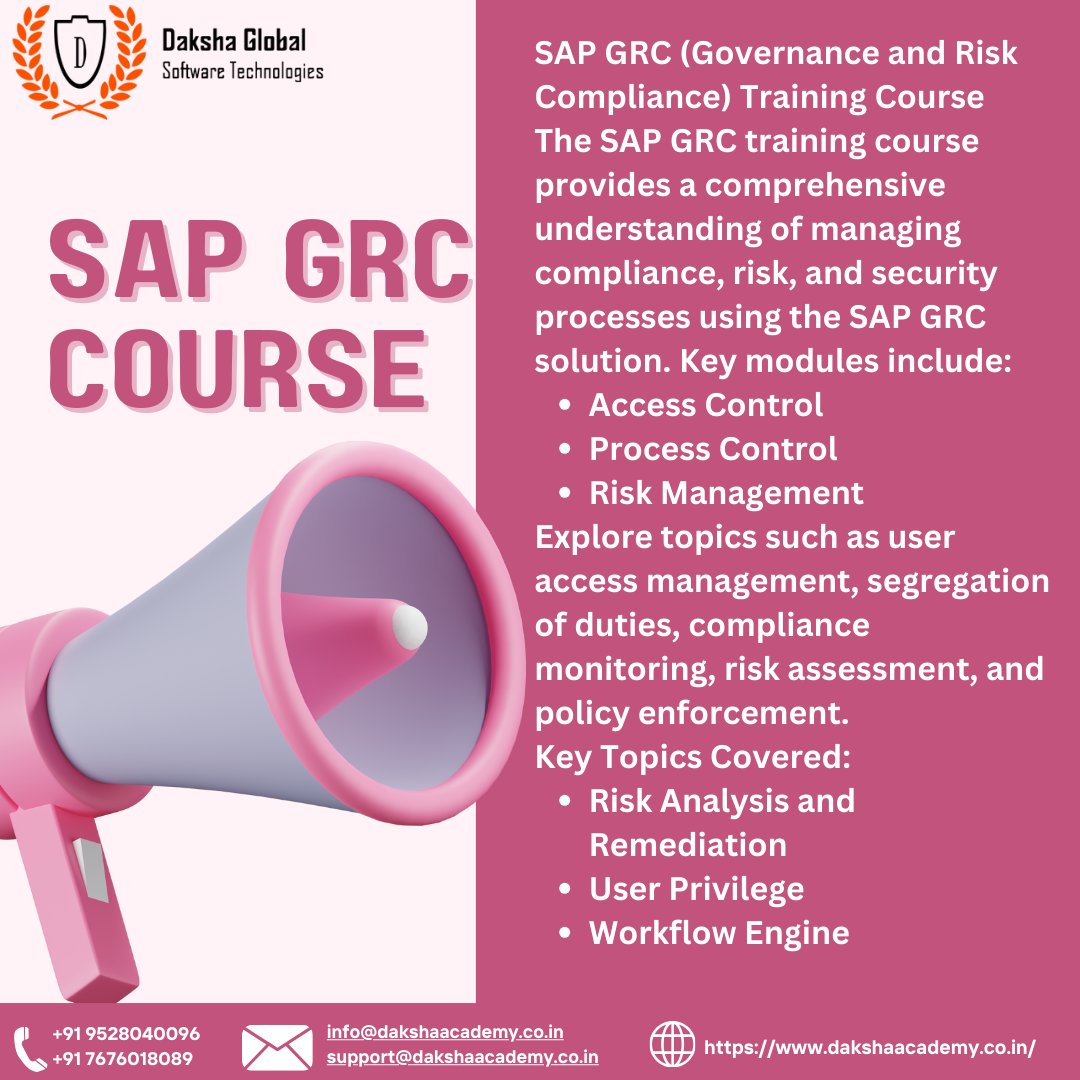 Daksha_Global's tweet image. 🌟 Advance Your Career with SAP GRC Training! 🚀

📅 Flexible Learning Options:
💻 Online &amp;amp; In-person Classes Available

📞 Call us today at +91 7676018089
🌐 Visit: dakshaacademy.co.in

#SAPGRC #GovernanceRiskCompliance #SAP #DakshaSAPAcademy #LearnSAP #DakshaAcademy #Daksha