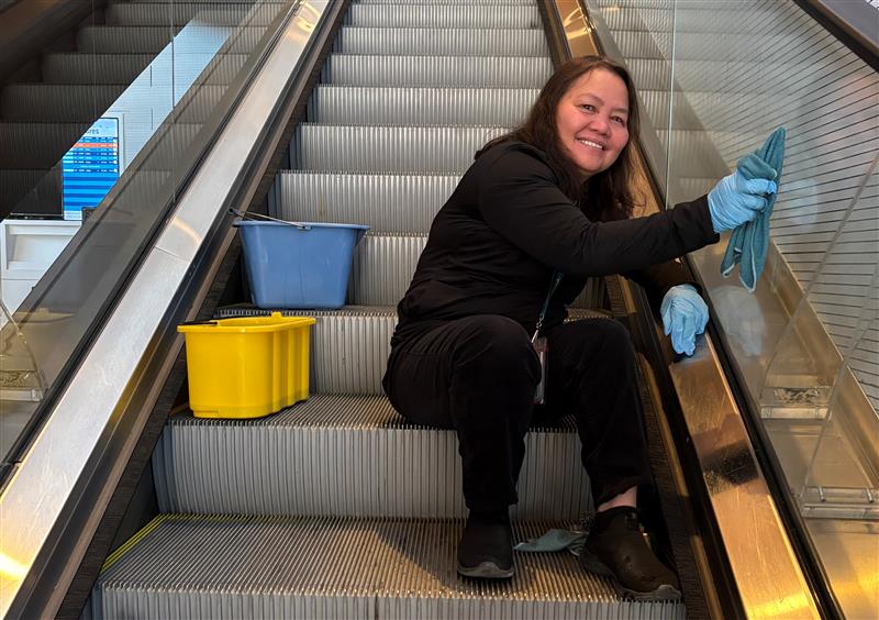 There's a reason YMM is one of North America's cleanest airports! Bill's General Cleaning (BGC) staff keep every detail in check. Even during escalator maintenance, they ensure cleanliness. Kudos to the BGC Team for keeping our terminal sparkling! #FlyYMM