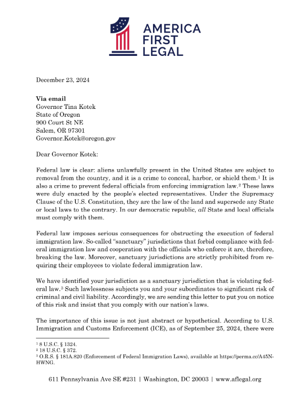 RepYunker's tweet photo. ICYMI: Last month Trump administration appointees from America First Legal put Gov. Kotek on notice that her sanctuary state federal lawbreaking would result in serious personal legal consequences: "But no matter your views on our Union, the fact of the matter is that you and the other officials who support or enforce sanctuary laws, policies, and regulations have a very personal stake in the matter – you each could face criminal prosecution and civil liability for your illegal acts. We urge you to do the right thing, protect your citizens, and comply with federal law."
https://t.co/TpU2y9edCE