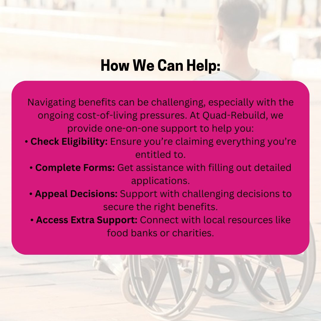 QuadRebuild18's tweet image. If you&apos;re living with a spinal cord injury or other long-term health condition, you may be eligible for a range of benefits that can provide crucial financial relief. Swipe to learn these benefits

🔗quad-rebuild.co.uk 

#InjuryAwareness #CharitySupport #QuadRebuild