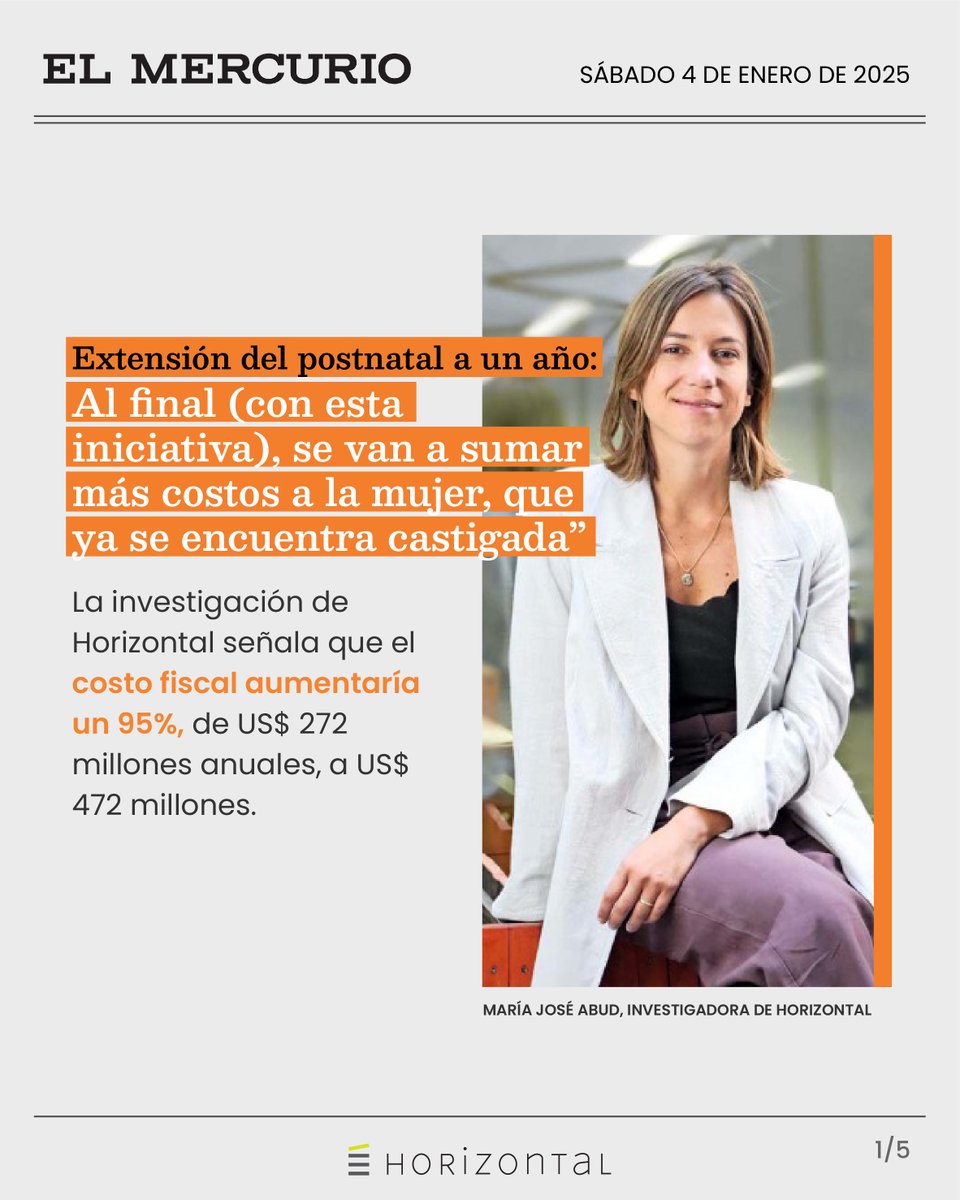 Horizontal (@horizontalchile) on Twitter photo Extensión del posnatal a un año: “Al final (con esta iniciativa), se van a sumar más costos a la mujer, que ya se encuentra castigada”, señala <a href="/mjabud/">María José Abud</a>
La investigación de Horizontal señala que el costo fiscal aumentaría un 95%, de US$ 272 millones anuales, a US$ 472 millones. Extensión del posnatal a un año: “Al final (con esta iniciativa), se van a sumar más costos a la mujer, que ya se encuentra castigada”, señala <a href="/mjabud/">María José Abud</a>
La investigación de Horizontal señala que el costo fiscal aumentaría un 95%, de US$ 272 millones anuales, a US$ 472 millones.