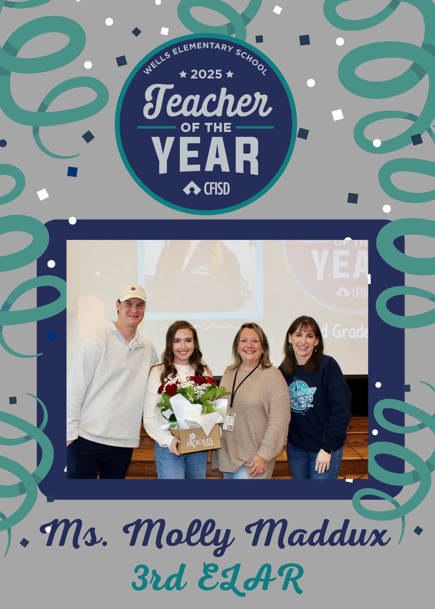 CFISDWells's tweet image. We are thrilled to recognize Ms. Molly Maddux as our 2025 Teacher of the Year! Thank you so much for all that you do for our Explorers, Ms. Maddux! #ExploreWells #CFISDTOTY #CFISDspirit
