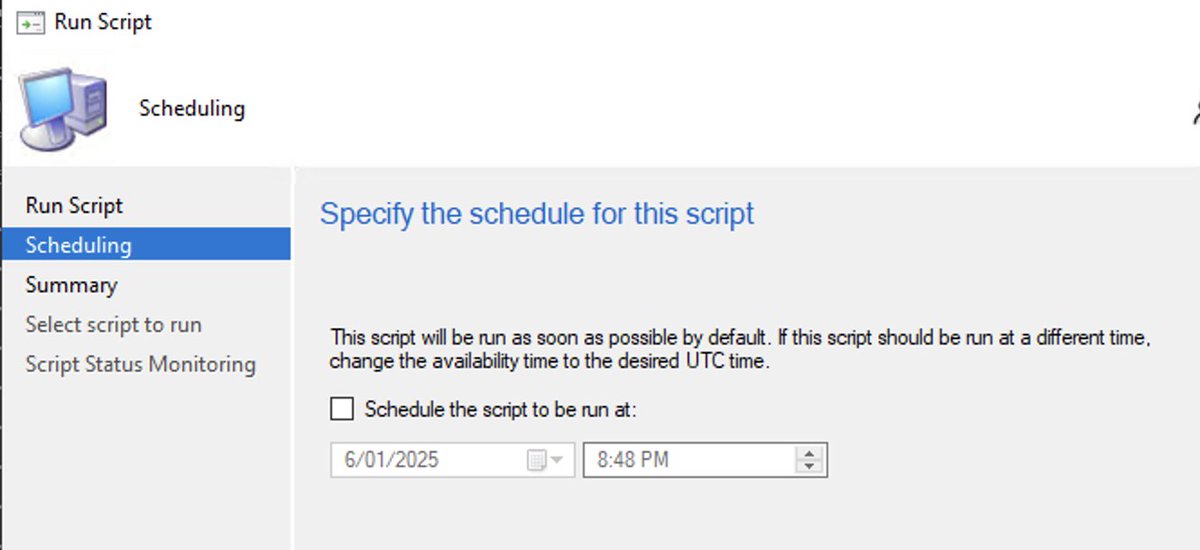summoner2100's tweet image. wait, what? Have I just been blind and skipping through to fast? When did run a powershell script in #SCCM get a schedule? lol #notpayingattention #MECM