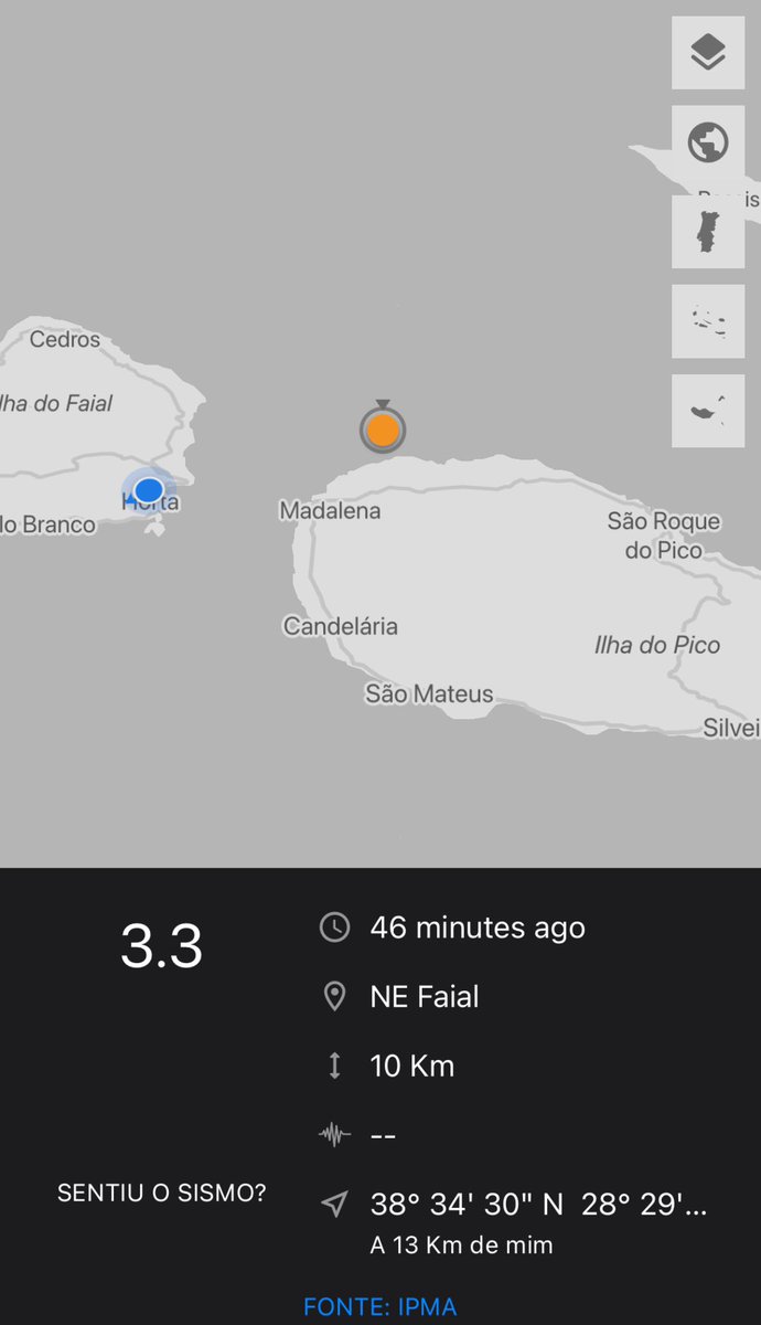 VOSTAZ's tweet image. #Sismo #Açores #Faial #Pico

Foi sentido um sismo com magnitude 3.3Ml com hipocentro a 10km de profundidade e próximo à zona da Madalena (Toledos). 
Este sismo foi sentido nas ilhas do Pico e do Faial, com uma intensidade máxima IV Mercalli Modificada. 
@IPMA