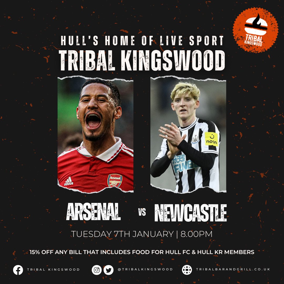 Tribal Kingswood (@tribalbarhull) on Twitter photo Carabao Cup action coming your way on Tuesday evening as Arsenal host Newcastle - join us for the action at Tribal Kingswood β½οΈ
Call 01482 458301, or email email events@tribalbarandgrill.co.uk πβοΈ
π #TribalKingswood Carabao Cup action coming your way on Tuesday evening as Arsenal host Newcastle - join us for the action at Tribal Kingswood β½οΈ
Call 01482 458301, or email email events@tribalbarandgrill.co.uk πβοΈ
π #TribalKingswood