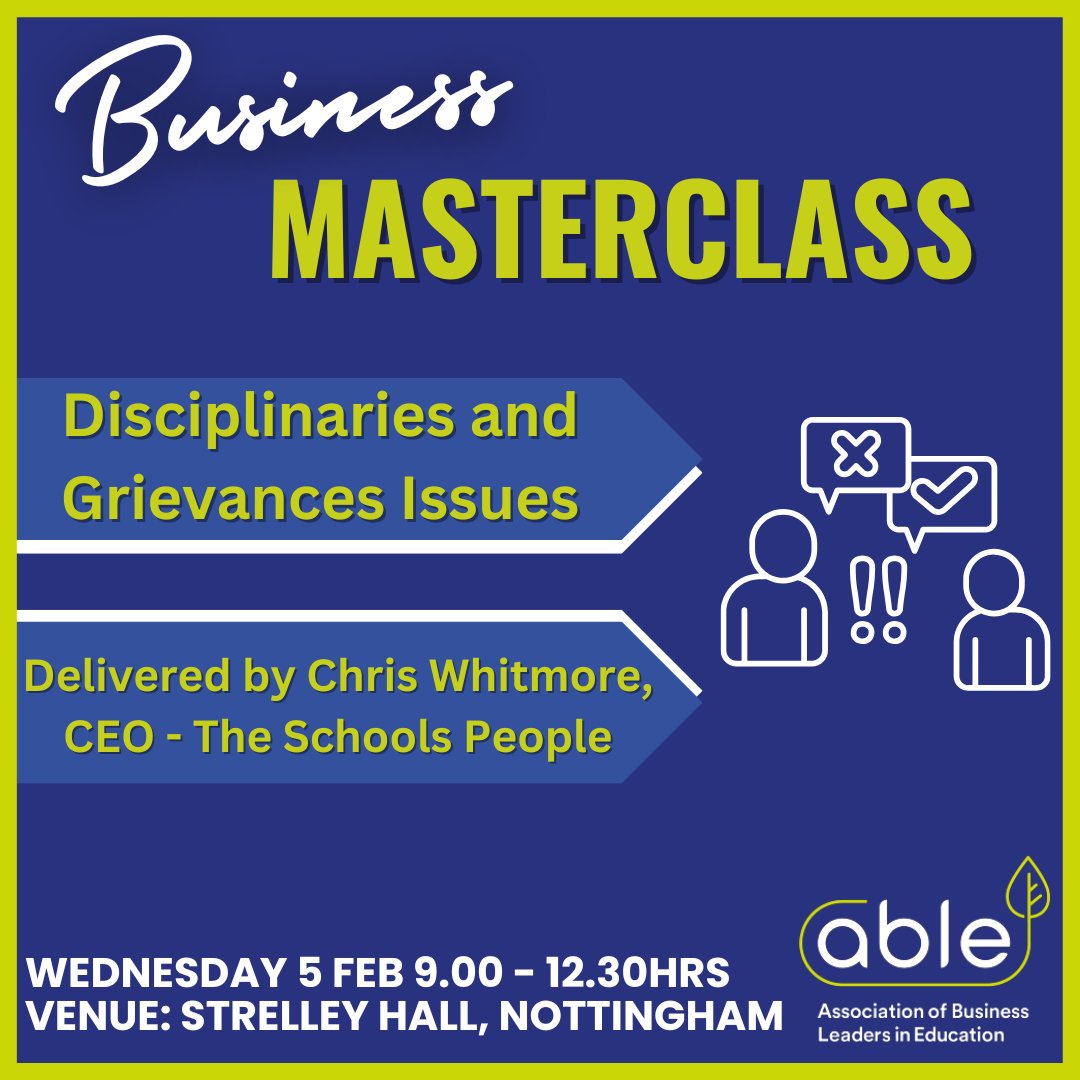 📢 Masterclass: Disciplinaries &amp; Grievances 📢

Topics:

➡️ Legal framework &amp; Code of Practice
➡️ Avoiding common pitfalls
➡️ Practical tools to handle issues

💻 Free for members | £75+VAT for non-members
👉 Register: ablepro.info/conferences/

#HRinEducation #ABLE #Leadership
