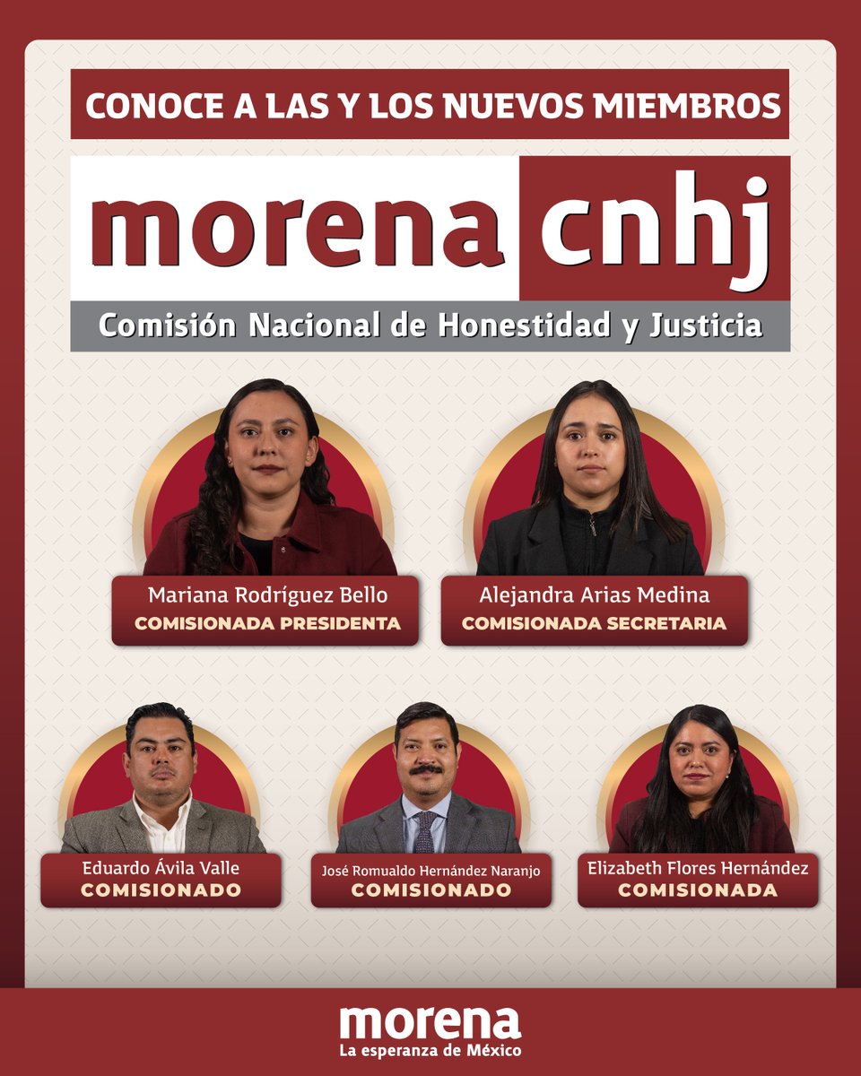 ¡Conoce a las y los nuevos integrantes de la Comisión Nacional de Honestidad y Justicia de Morena!

El pasado 2 de enero, encabezada por la Presidenta del CEN, <a href="/LuisaAlcalde/">Luisa Alcalde</a> , esta Comisión quedó instalada para el periodo 2025-2027; siendo nombrada presidenta Mariana Rodríguez