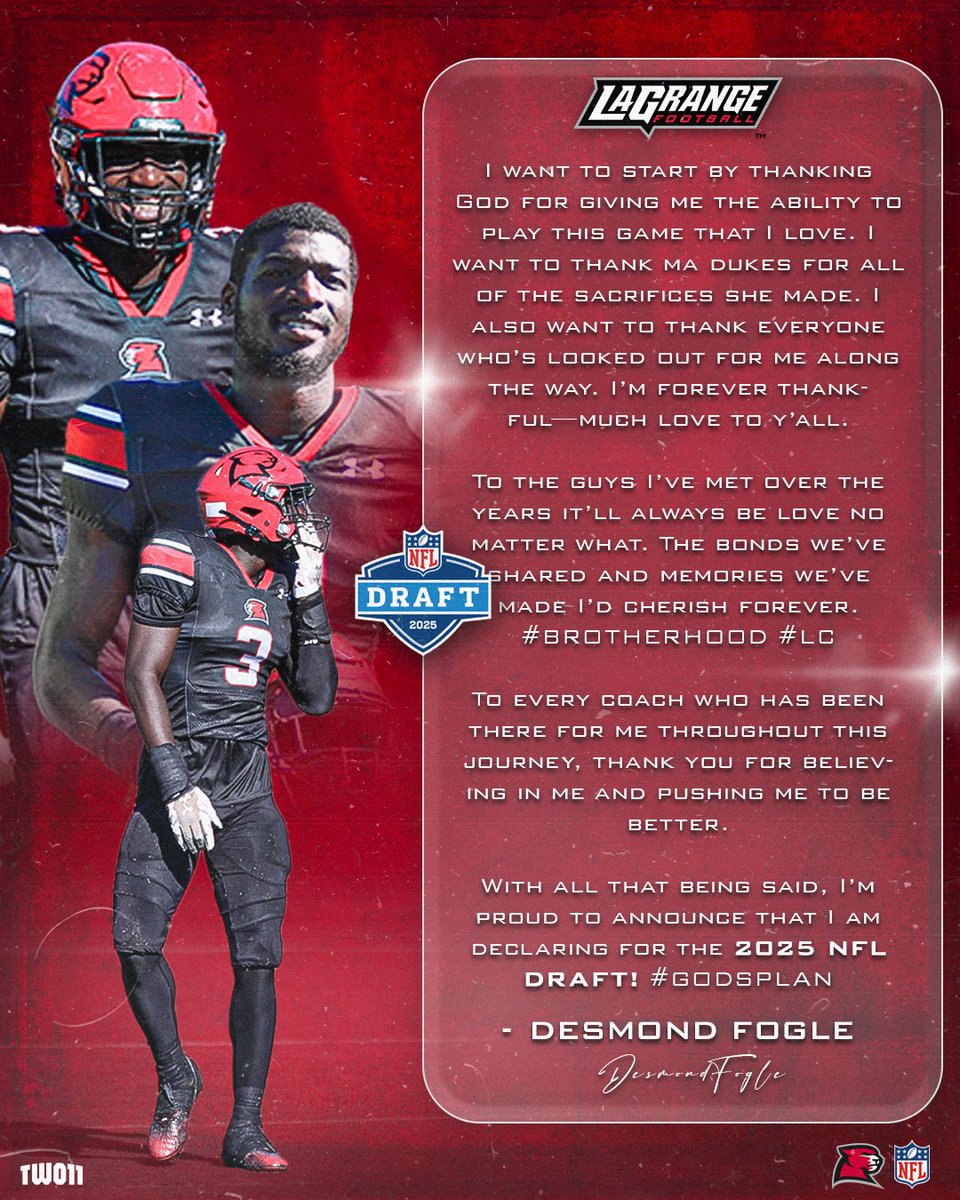 𝐍𝐞𝐱𝐭 𝐂𝐡𝐚𝐩𝐭𝐞𝐫 𝐢𝐬 𝐍𝐨𝐰!

Congratulations to our own, Desmond Fogle, for officially declaring for the 2025 NFL Draft!

“Thank you Panther Nation for an incredible year! Philippians 4:6” - Desmond Fogle

@d2rock4 | #WeAreLC